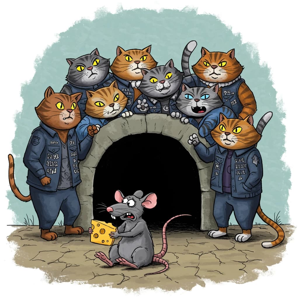 The cartoon rat clenches his thin wedge of cheese and trembles in fear as he hides from the menacing Jellicles, the roaming cat motorcycle gang, all wearing their colors with the name on the back. The cats have all drunk far too much milk and are causing a big ruckus! One cat is close to finding the rat