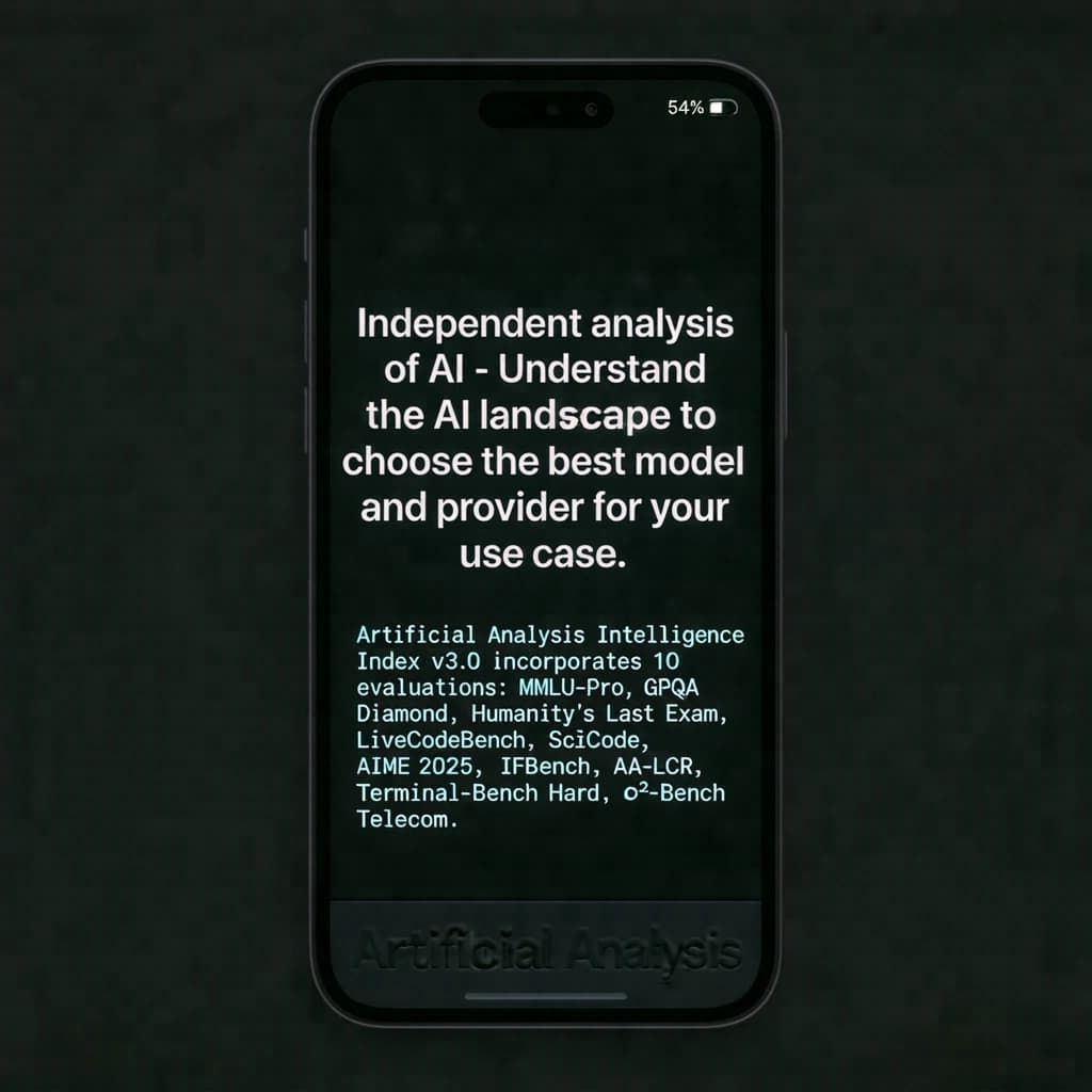 On a black smartphone UI with rounded corners, display a centered text block in white San Francisco font, 16pt: “Independent analysis of AI - Understand the AI landscape to choose the best model and provider for your use case.” Below, in neon cyan, monospace font, smaller size: “Artificial Analysis Intelligence Index v3.0 incorporates 10 evaluations: MMLU-Pro, GPQA Diamond, Humanity's Last Exam, LiveCodeBench, SciCode, AIME 2025, IFBench, AA-LCR, Terminal-Bench Hard, 𝜏²-Bench Telecom.” The second block scrolls horizontally as a ticker. The battery icon in the status bar shows 54%. The Artificial Analysis logo appears faintly, embossed into the bottom navigation bar.