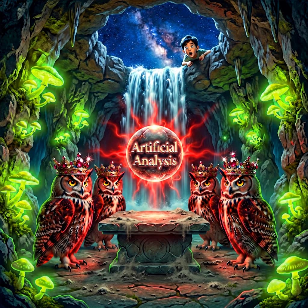 In a cavern lined with bioluminescent fungi glowing lime green, the council of owls wear jeweled crowns that glimmer with rubies, their wings folded behind their backs. Dust coats the stone table, a glowing orb inscribed with “Artificial Analysis” hovers above the table illuminating the owls with its red pulsating light. Behind them, a waterfall falls upward into a ceiling that opens onto stars - a child looks down in wonder from above at what he has stumbled across.