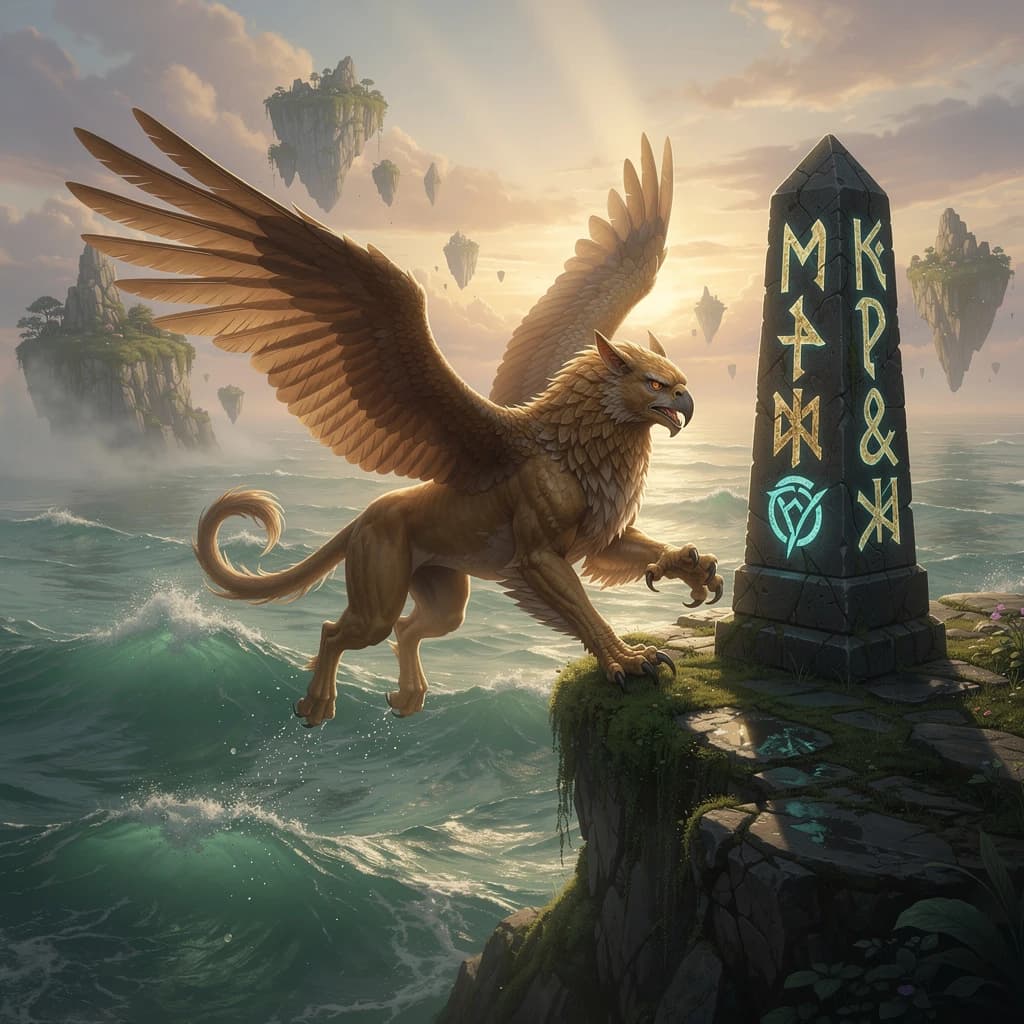 At dawn, a winged griffin lands on a mossy cliff above a jade sea beside a runed obelisk; floating isles drift under golden sunbeams, with a bit of sea spray and glowing runes.