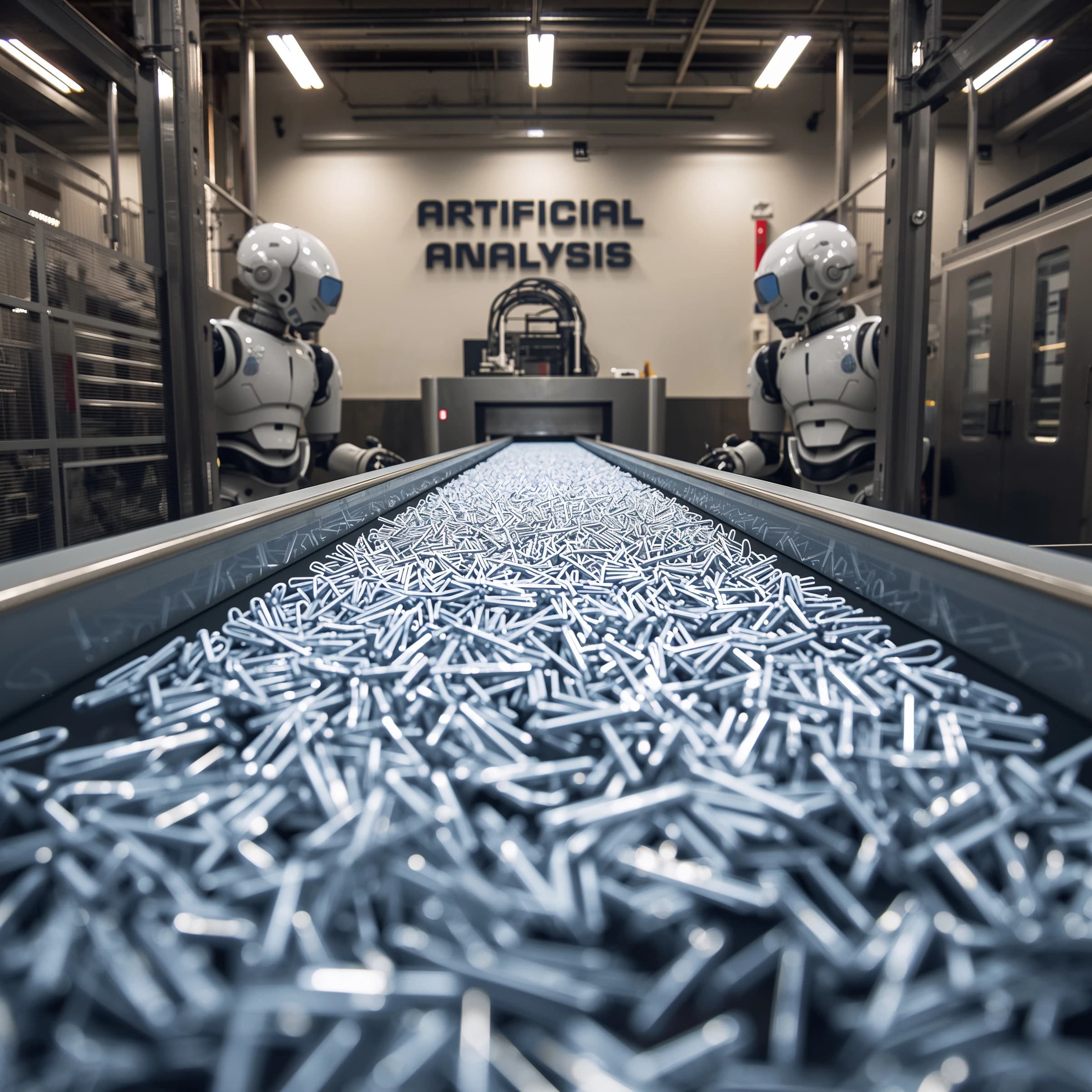Close up point of view perspective on a conveyor belt pumping out paperclips at a maddening pace. The high tech factory has Artificial Analysis printed proudly on the wall. Robot staff look approvingly over the robust output.