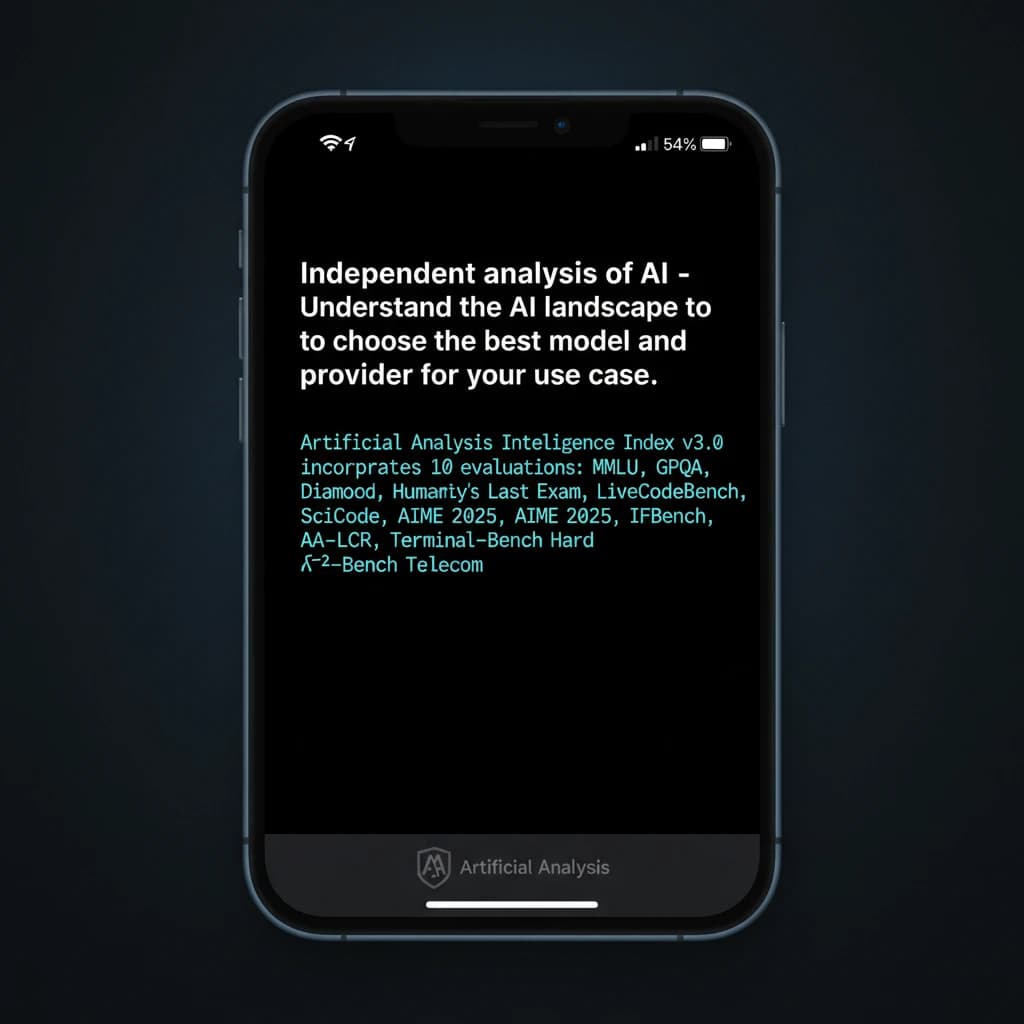 On a black smartphone UI with rounded corners, display a centered text block in white San Francisco font, 16pt: “Independent analysis of AI - Understand the AI landscape to choose the best model and provider for your use case.” Below, in neon cyan, monospace font, smaller size: “Artificial Analysis Intelligence Index v3.0 incorporates 10 evaluations: MMLU-Pro, GPQA Diamond, Humanity's Last Exam, LiveCodeBench, SciCode, AIME 2025, IFBench, AA-LCR, Terminal-Bench Hard, 𝜏²-Bench Telecom.” The second block scrolls horizontally as a ticker. The battery icon in the status bar shows 54%. The Artificial Analysis logo appears faintly, embossed into the bottom navigation bar.