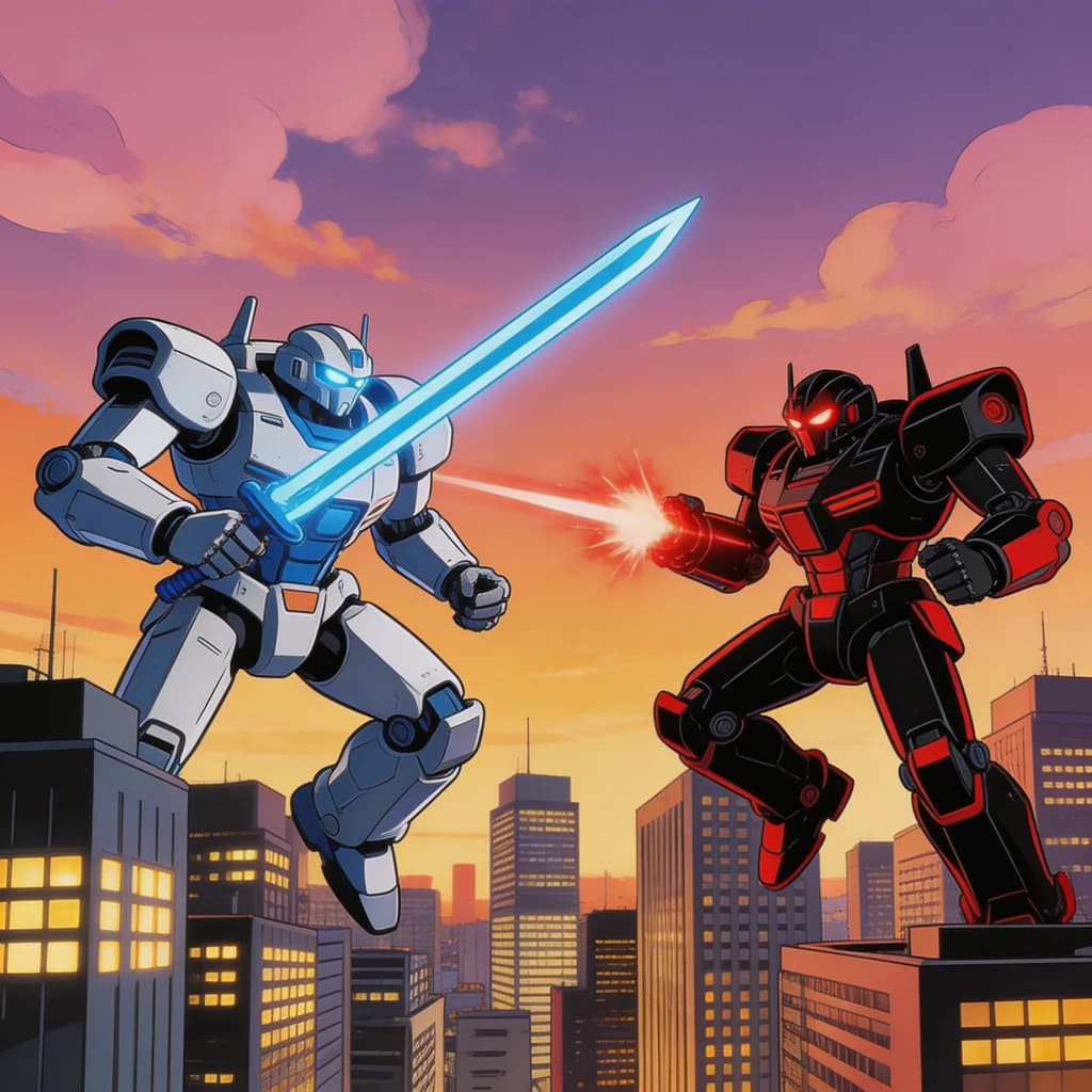 Make a cel-shaded mecha duel at dusk downtown.