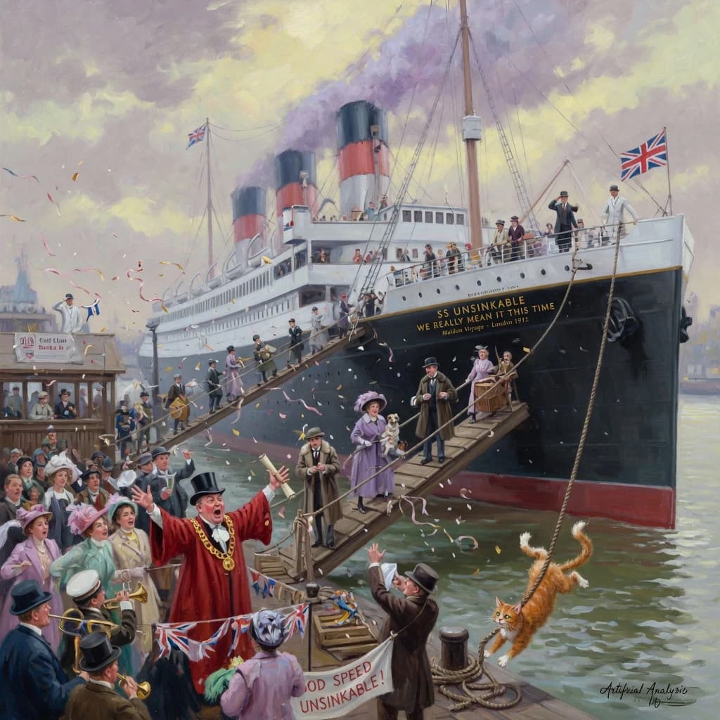 An impressionistic painting of the mighty steamer the "SS Unsinkable We Really Mean It This Time" on a cloudy but bright London morning about to set out on her maiden voyage. A jubilant crowd is gathered on the dock around the paunchy mayor who is making a speech, gesticulating wildly with his hands. The gangways are busy with well heeled ladies and gentlemen making their way onto the ship. A cheeky cat hangs over the water, clinging to the mooring rope after an ill-fated attempt to climb up. The artist has signed his name "Artificial Analysis" in the bottom corner