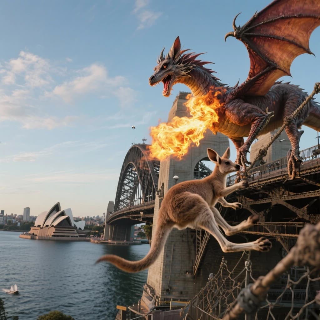 A dragon breathes fire at a kangaroo that is running away by climbing over the top of the Sydney Harbour Bridge. Opera House visible in the background.