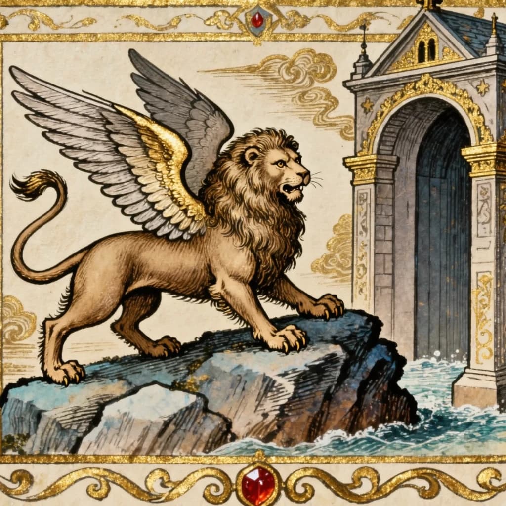 Paint an illuminated manuscript scene of a winged lion guarding a sea gate.