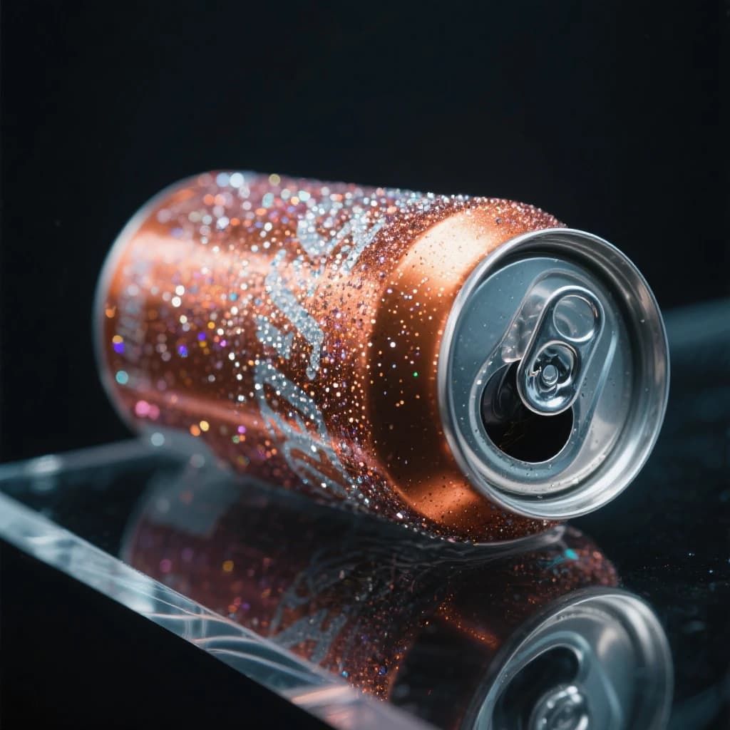 A close-up ad shot of sparkling soda can on glossy acrylic, harsh top light.