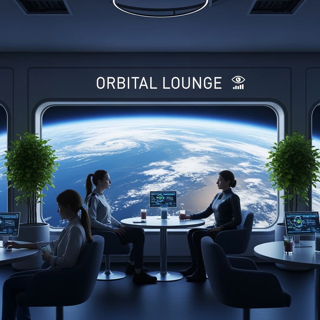 The orbital lounge has brushed aluminum walls and pale leather banquettes. Low white tables are inset with glowing touchscreens. Drinks are clear, flavorless, in tall unmarked glasses. The viewport is floor-to-ceiling, showing Earth moving slowly beneath. The word Artificial Analysis is etched discreetly on the glass in a frosted band.