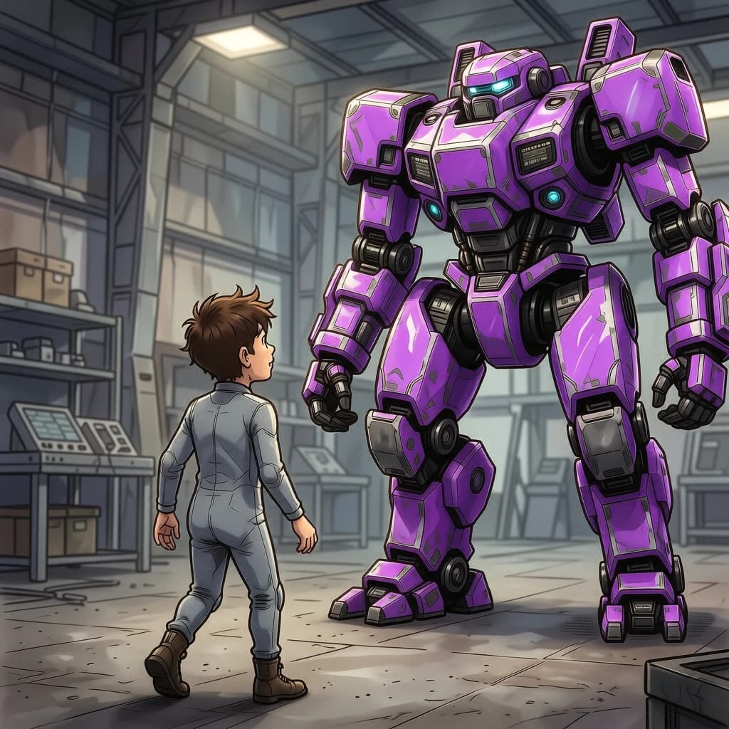 Clad in his body suit up to the neck, young Masa nervously approaches the towering mech with his back facing us. He is nervous for his first time in the field. The mech's bright purple colour scheme contrasts with the grey body suit. The scale of the mech dwarfs Masa. Hand drawn style