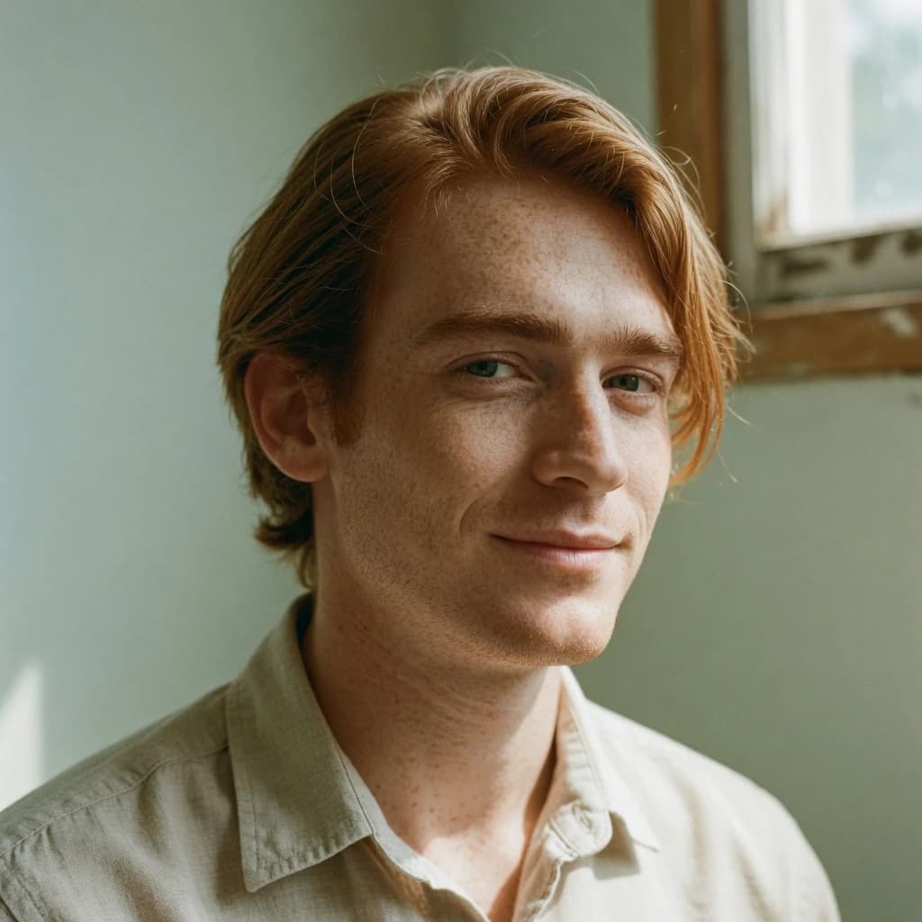 Shoot a natural light headshot of a red-haired man with freckles, green eyes.