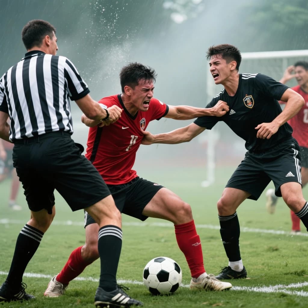 The soccer player clashes with the ref. It is thick and humid and the heat is getting to the players. His friend tries to pull him off before he causes any more trouble.
