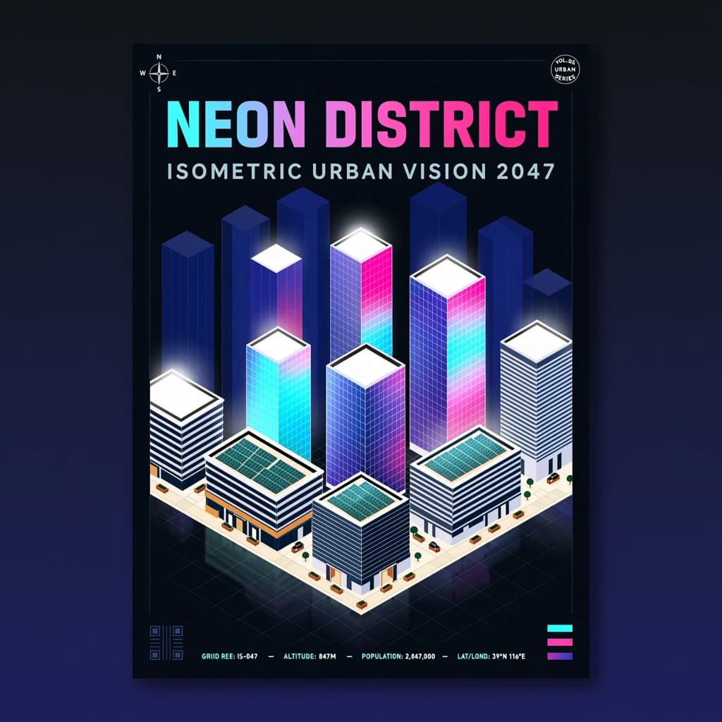 Render an isometric city poster with geometric buildings, neon gradients, gloss highlights, soft AO shadows, clean sans-serif lettering, grid layout, reflections a bit overexposed.