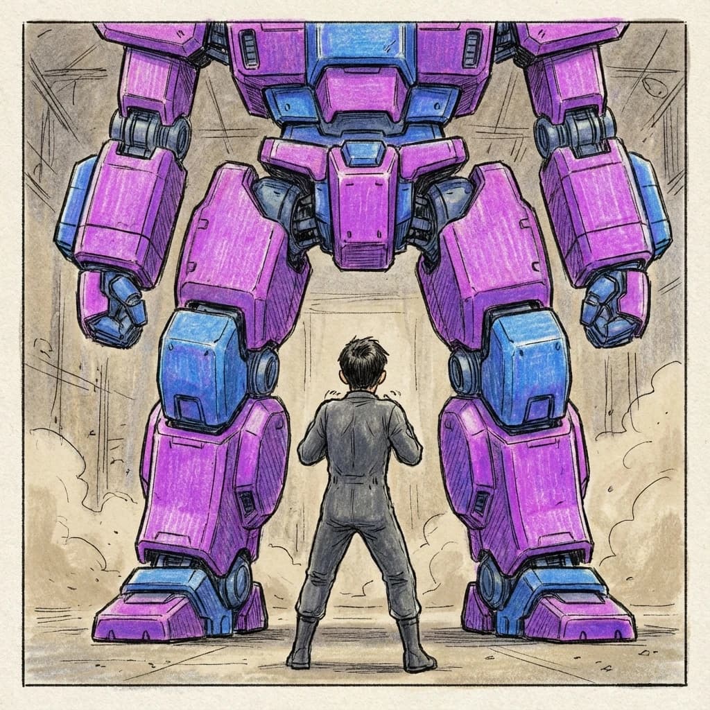 Clad in his body suit up to the neck, young Masa nervously approaches the towering mech with his back facing us. He is nervous for his first time in the field. The mech's bright purple colour scheme contrasts with the grey body suit. The scale of the mech dwarfs Masa. Hand drawn style