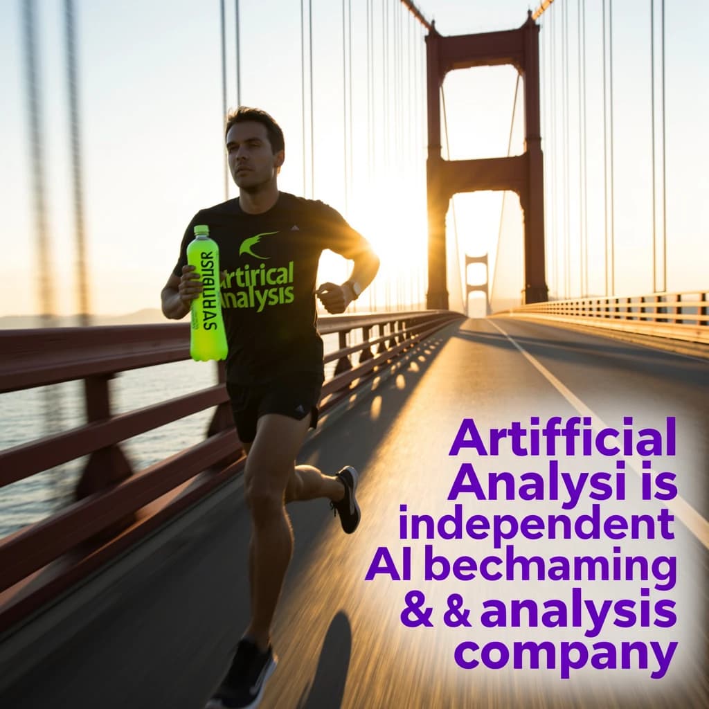 A runner dashes across the Golden Gate Bridge at dawn, sunlight streaming between cables. In their hand, they carry a neon-green sports drink with the brand name Artificial Analysis splashed boldly across the bottle. Motion blur emphasizes speed, while crisp purple sans serif typography overlays the bottom right of the scene with the tagline: Artificial Analysis is an independent AI benchmarking & analysis company
