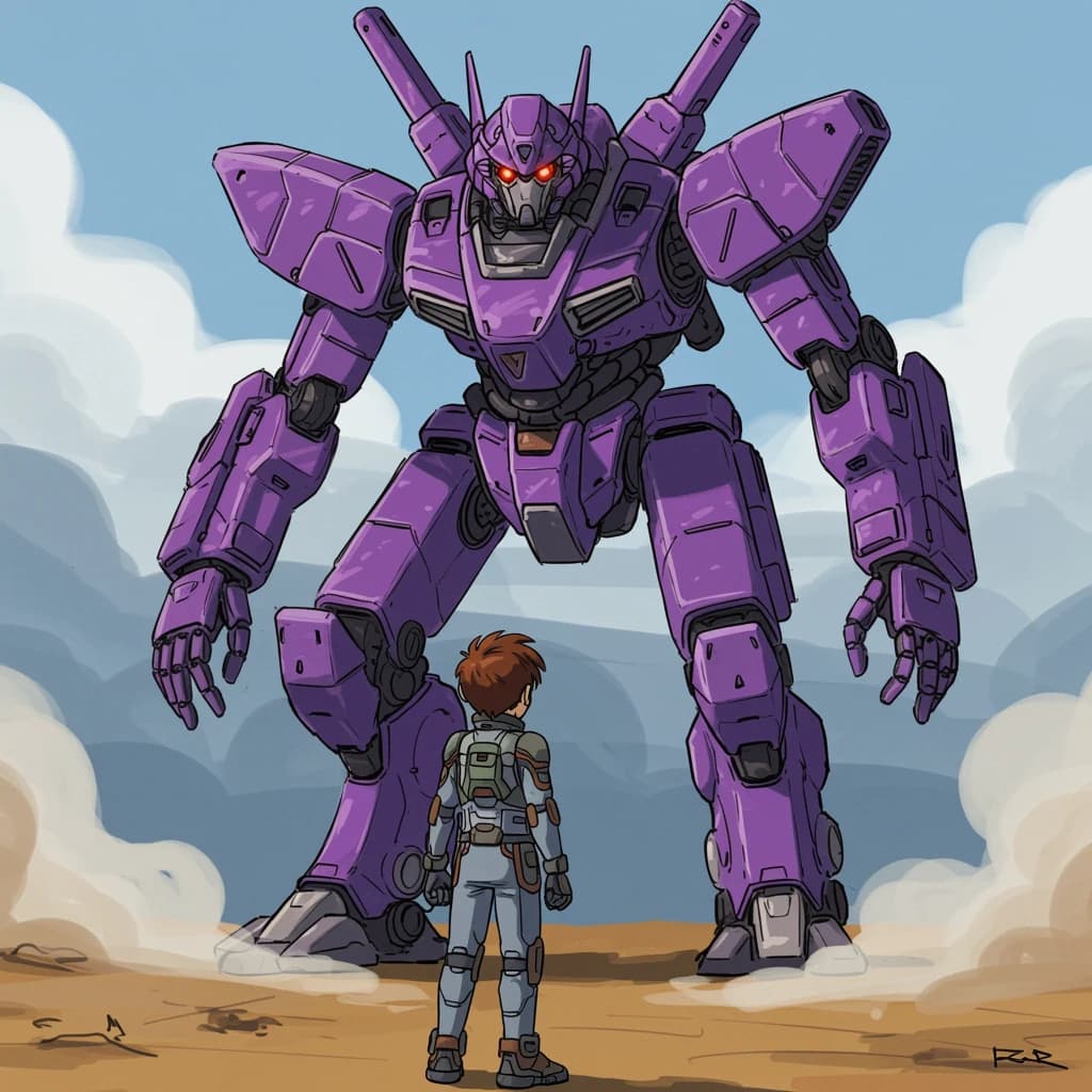 Clad in his body suit up to the neck, young Masa nervously approaches the towering mech with his back facing us. He is nervous for his first time in the field. The mech's bright purple colour scheme contrasts with the grey body suit. The scale of the mech dwarfs Masa. Hand drawn style