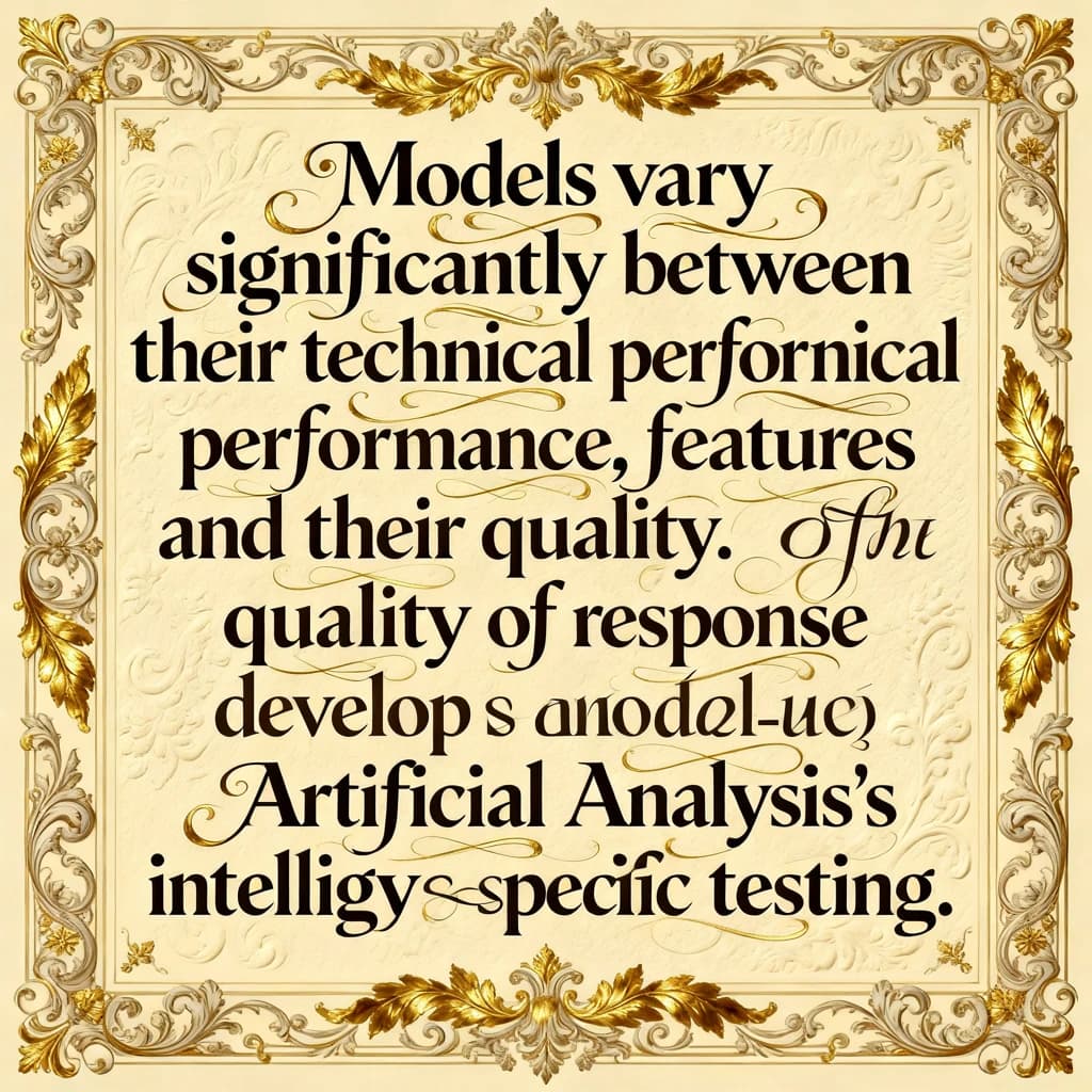 On a flat layout, write in an ornate baroque style "Models vary significantly between their technical performance, features and their quality. Artificial Analysis's intelligence index represents a generalist perspective and is useful as an indicator of the quality of responses. It is generally advisable to develop a short-list of models which best suit your use-case for customized use-case specific testing. "