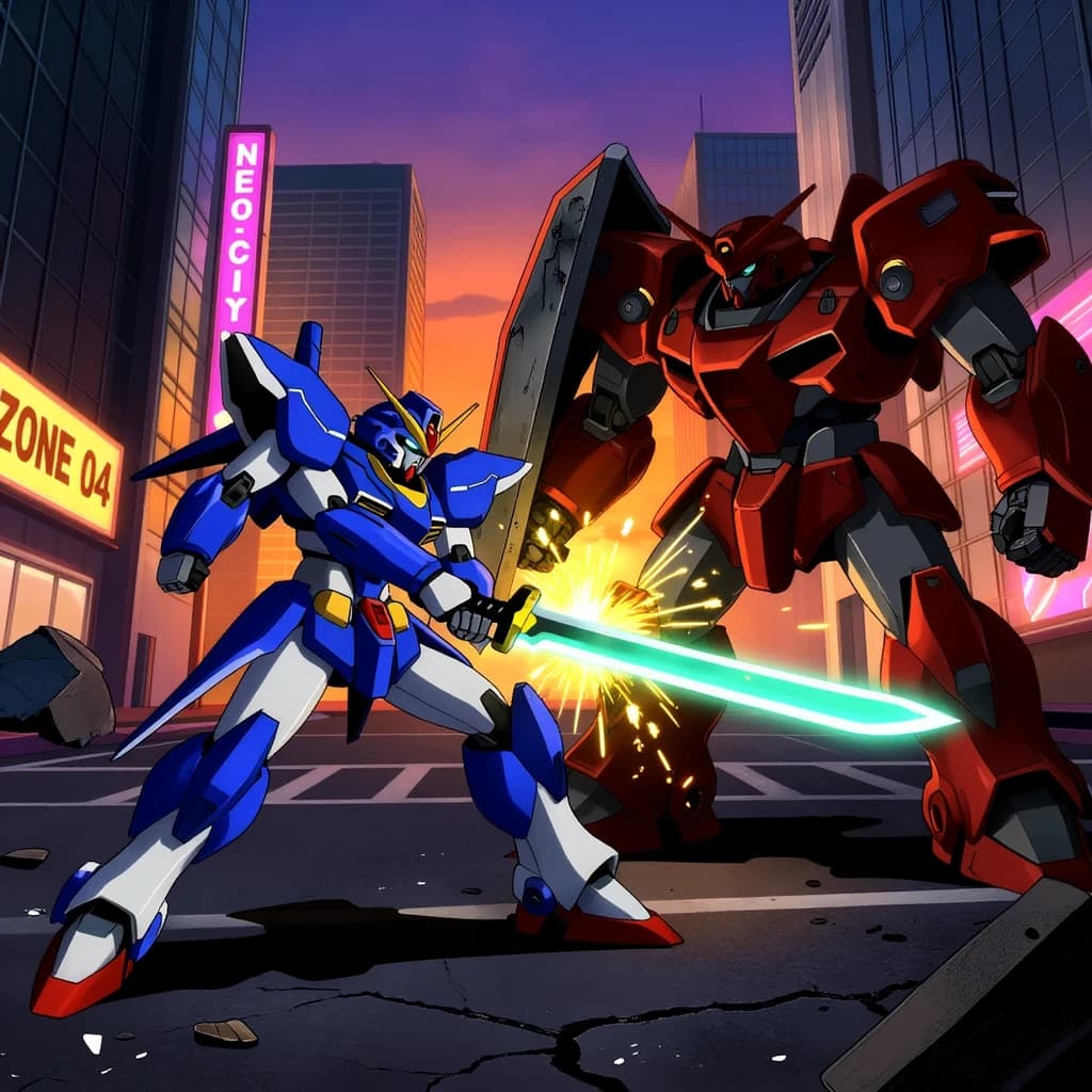 Make a cel-shaded mecha duel at dusk downtown.