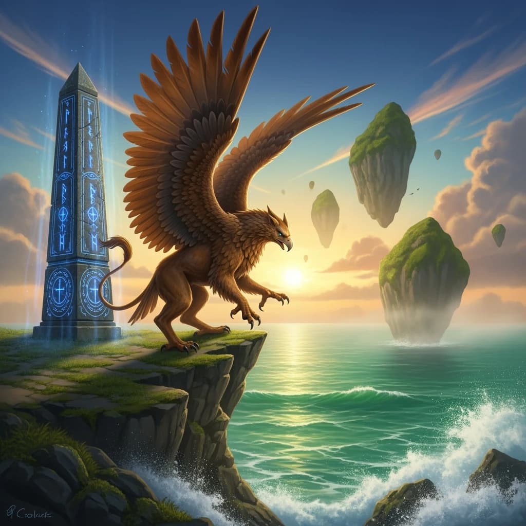 At dawn, a winged griffin lands on a mossy cliff above a jade sea beside a runed obelisk; floating isles drift under golden sunbeams, with a bit of sea spray and glowing runes.