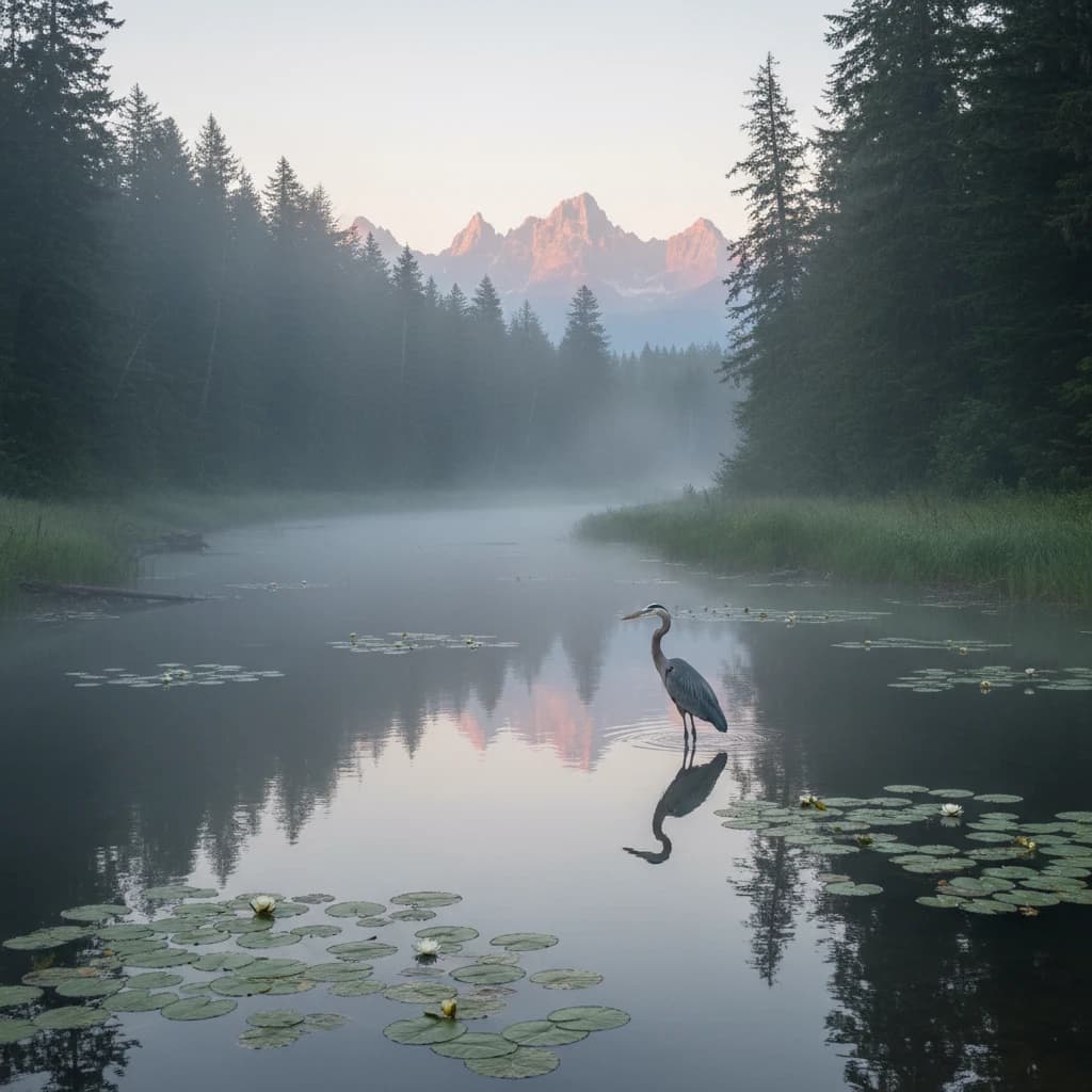 With pre-dawn mist along a cedar forest river and glassy water dotted with lily pads, distant mountains blush pink, and a heron stands still like it forgot what to do next.
