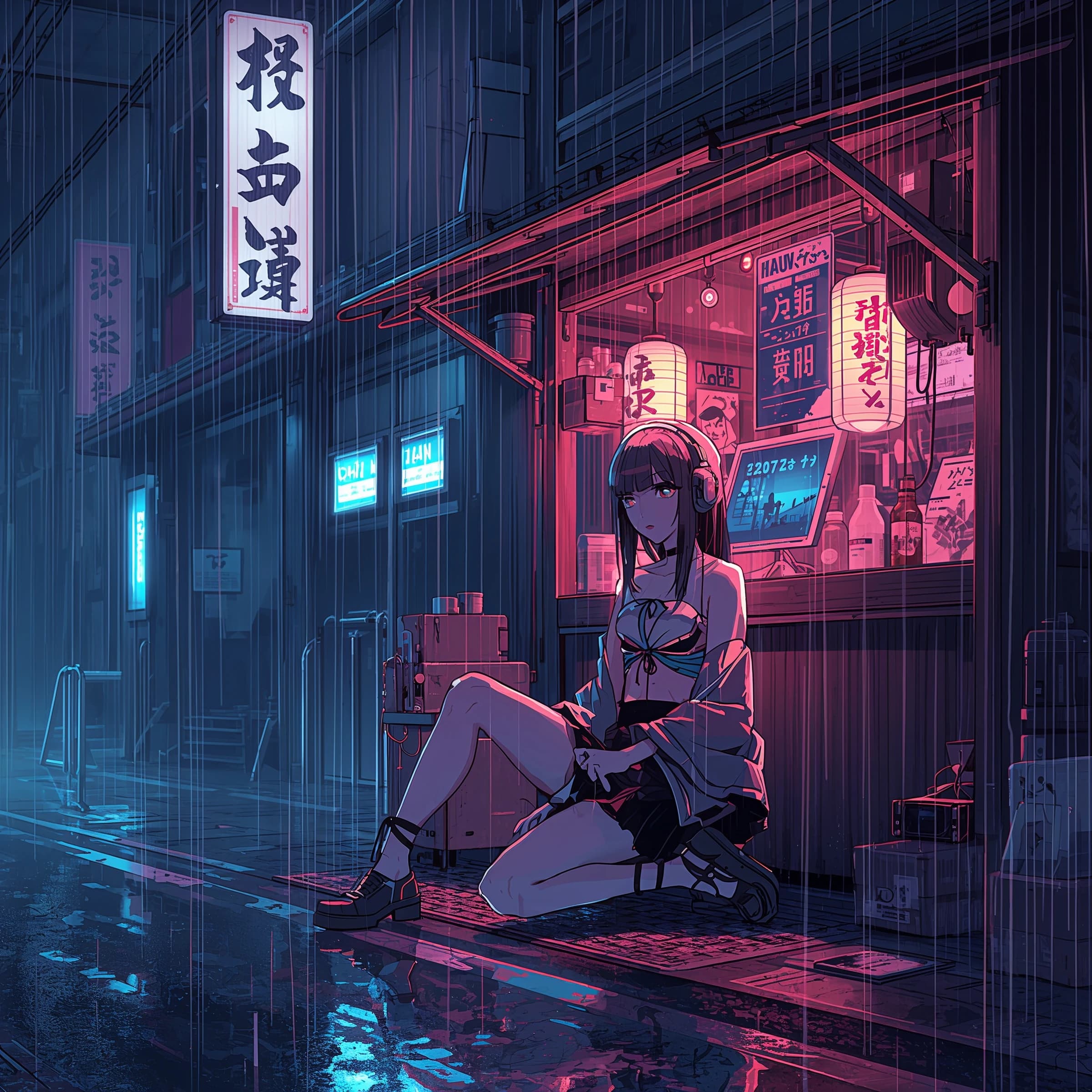 Neon rain falls as a cel-shaded mecha kneels by a ramen stall, midnight vibes.