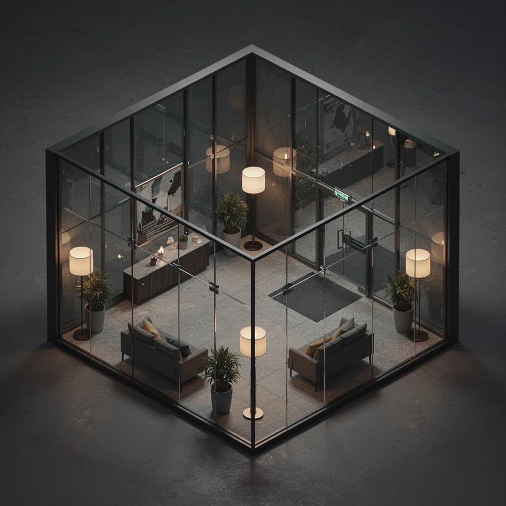 Isometric 3D lobby, glass walls, warm lights, slightly moody, soft shadows.