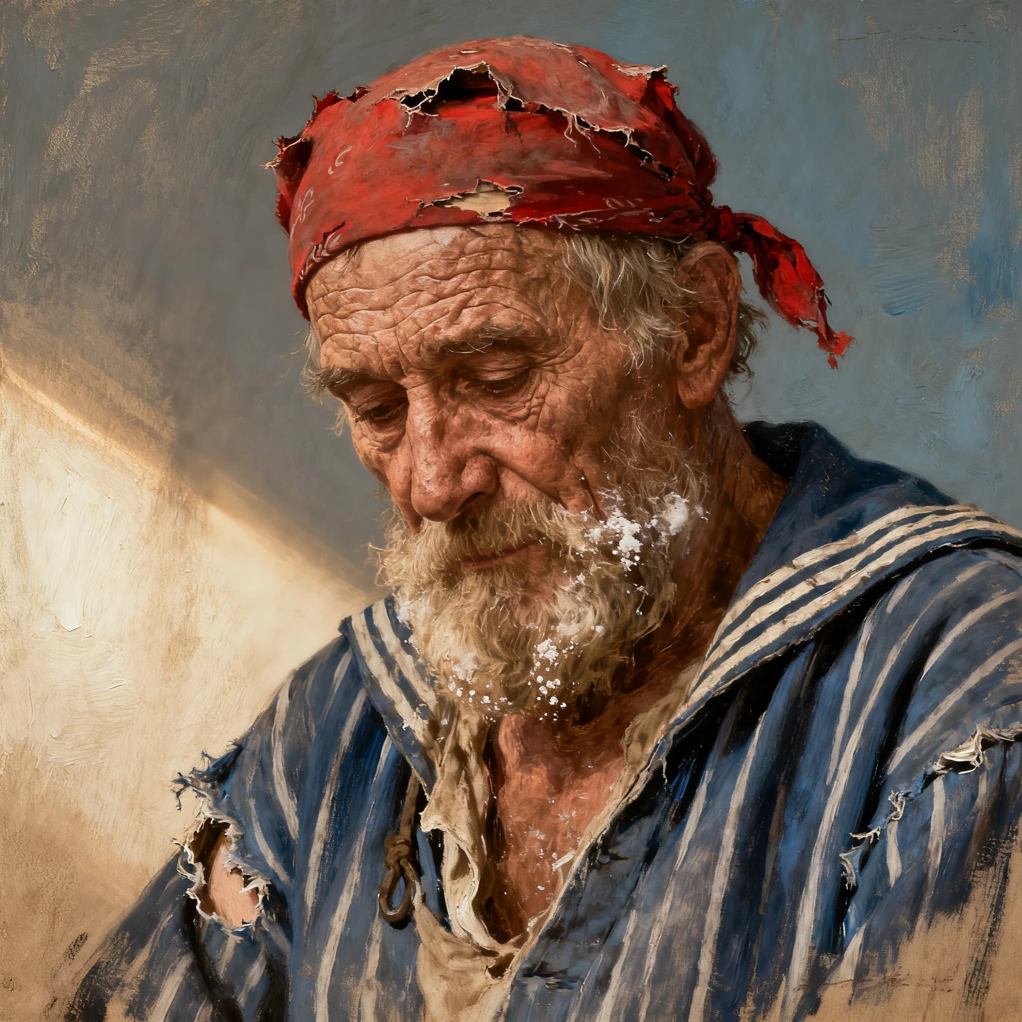 Oil on canvas portrait of an elderly sailor, weathered face, soft light.