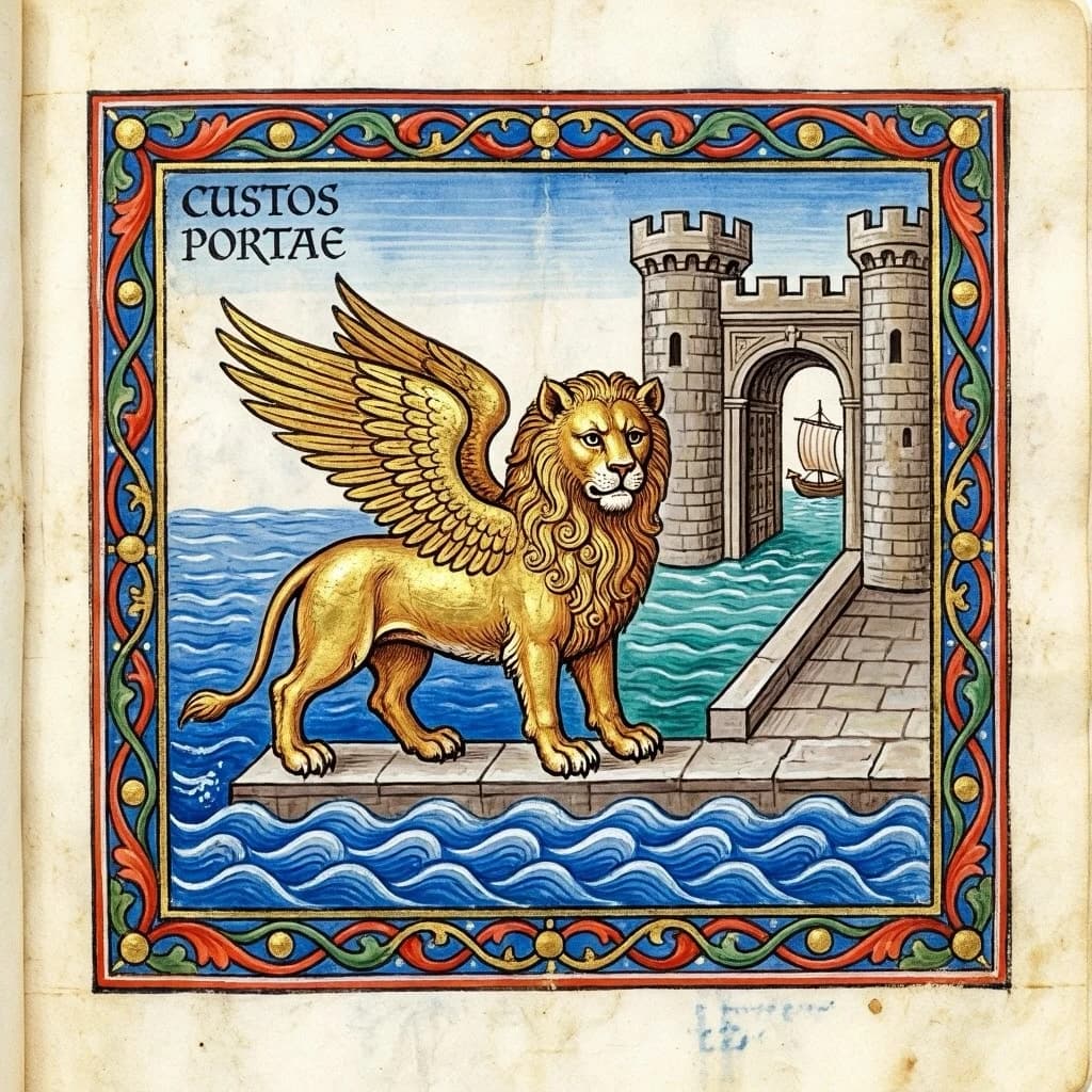 Paint an illuminated manuscript scene of a winged lion guarding a sea gate.