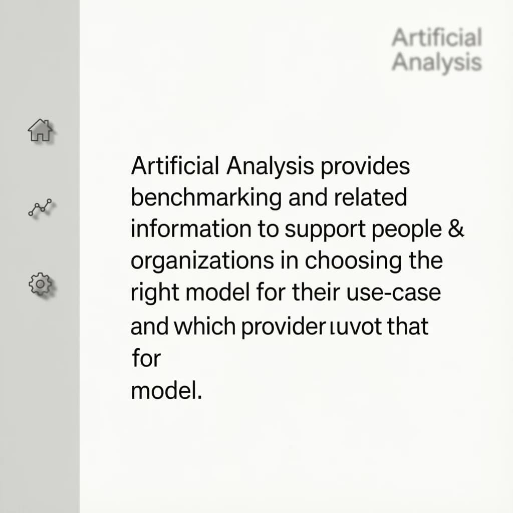On a high-resolution dashboard mockup with a clean white background, display a centered text module in Helvetica Neue Regular, 18pt, black: “Artificial Analysis provides benchmarking and related information to support people & organizations in choosing the right model for their use-case and which provider to use for that model.” The text box is justified, but the final word wraps awkwardly onto its own line. To the left, a vertical navigation bar in light gray with three icons - home, chart, and settings - aligned evenly but casting misaligned shadows. In the upper right, the Artificial Analysis logo appears faintly, semi-transparent, watermarked over the corner of the interface.