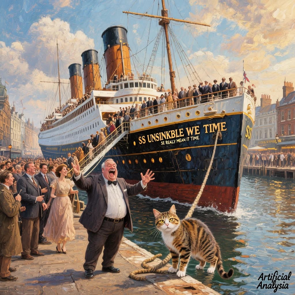 An impressionistic painting of the mighty steamer the "SS Unsinkable We Really Mean It This Time" on a cloudy but bright London morning about to set out on her maiden voyage. A jubilant crowd is gathered on the dock around the paunchy mayor who is making a speech, gesticulating wildly with his hands. The gangways are busy with well heeled ladies and gentlemen making their way onto the ship. A cheeky cat hangs over the water, clinging to the mooring rope after an ill-fated attempt to climb up. The artist has signed his name "Artificial Analysis" in the bottom corner