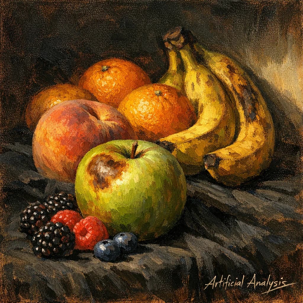 A still life scene painted oil on canvas, comprising various fruits on a black table cloth with striking lighting coming from the right out of frame, creating strong shadows. A bruised green apple is in the foreground, a peach behind it, and behind that a melange of oranges and bananas in various states of ripeness. Berries are strewn in front of the apple. The artist has signed his name "Artificial Analysis" in the bottom right corner in a hurried fashion.