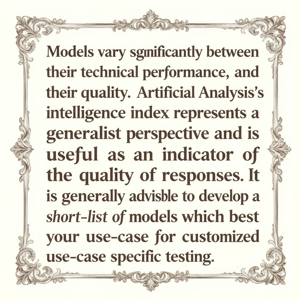 On a flat layout, write in an ornate baroque style "Models vary significantly between their technical performance, features and their quality. Artificial Analysis's intelligence index represents a generalist perspective and is useful as an indicator of the quality of responses. It is generally advisable to develop a short-list of models which best suit your use-case for customized use-case specific testing. "