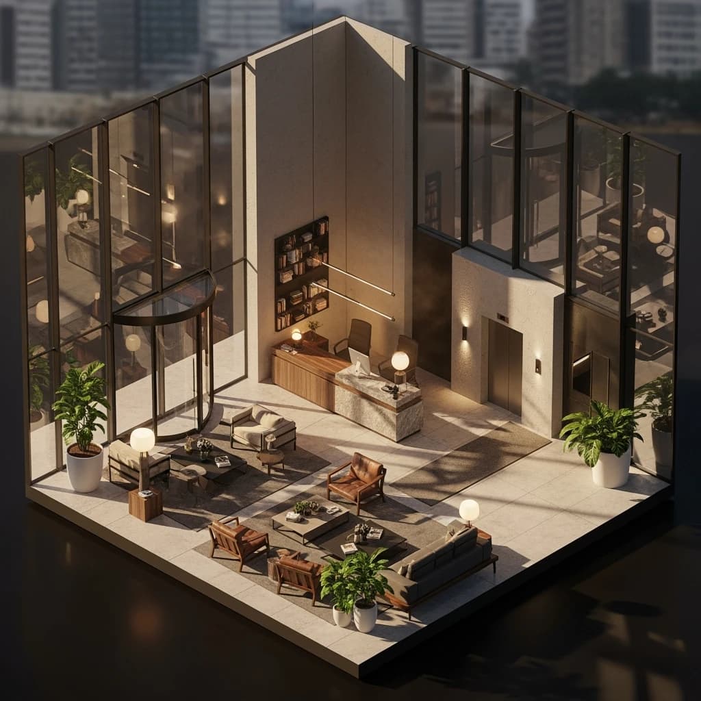 Isometric 3D lobby, glass walls, warm lights, slightly moody, soft shadows.