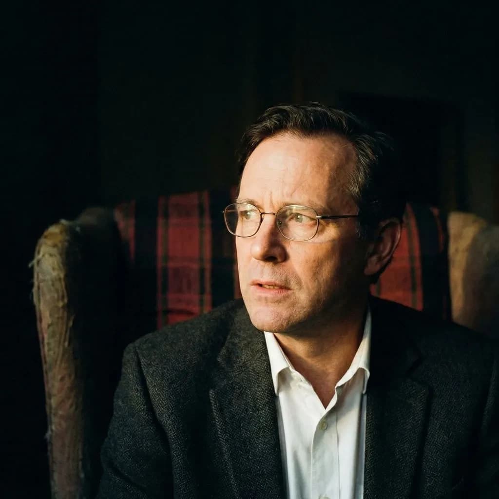 A sharply lit portrait of a middle-aged man wearing thin-rimmed glasses and a dark jacket over a white collared shirt. He gazes intently to the side, his face half illuminated by warm light while the background recedes into deep shadow. The expression is thoughtful, almost wary, as if caught mid-conversation. Behind him, a striped cushion in muted reds and blacks adds subtle texture, contrasting with the crisp highlights on his forehead and glasses. The overall mood is contemplative and cinematic, balancing warmth with tension.