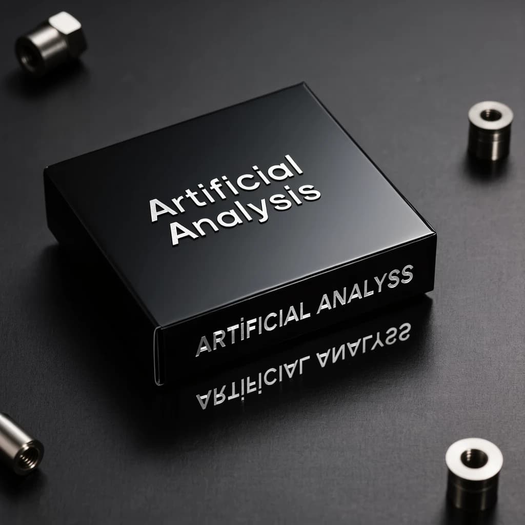 On the black box, silver foil embossing, centered: "Artificial Analysis" in Comic Sans Small Caps, perfectly justified. The letters are crisp, but the “Y” is duplicated faintly, ghosting right. On the box’s reflection, the word order is inverted: ARTIFICIAL ANALYSIS.