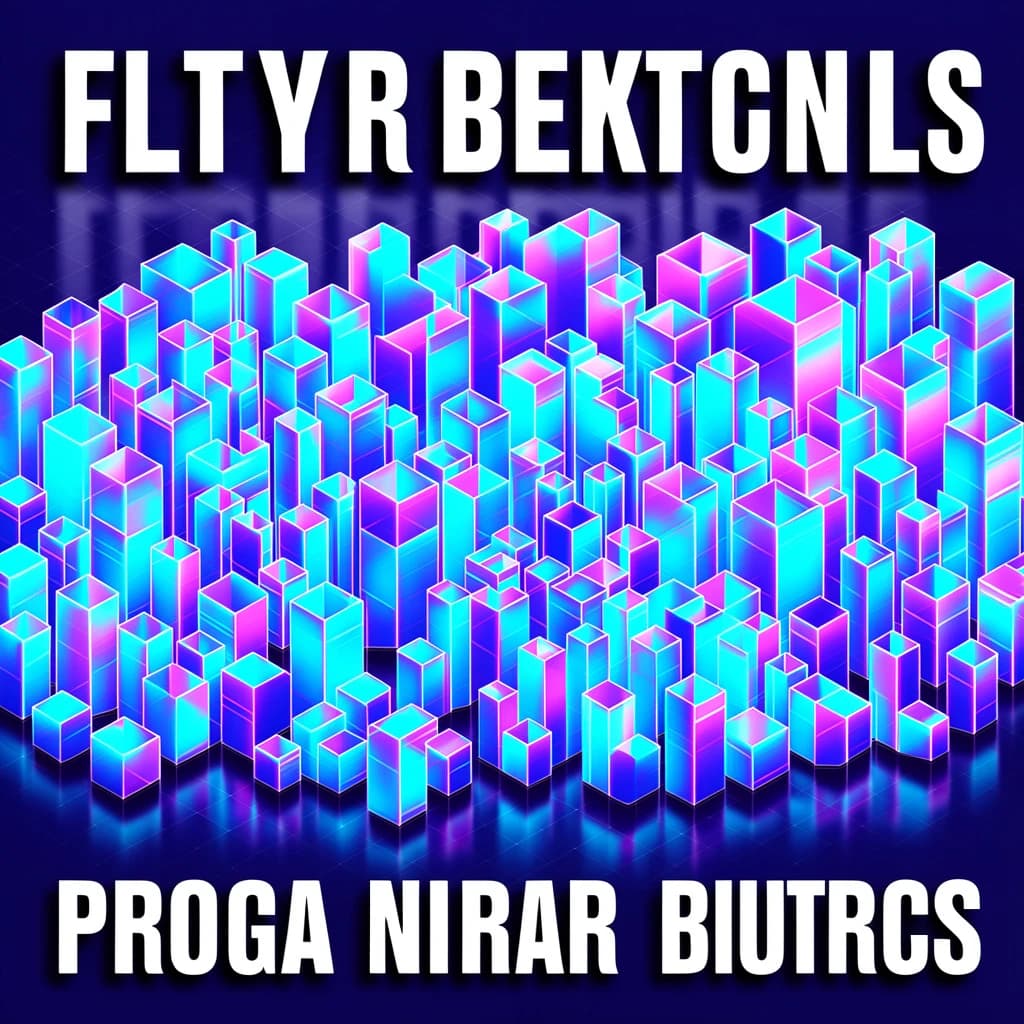 Render an isometric city poster with geometric buildings, neon gradients, gloss highlights, soft AO shadows, clean sans-serif lettering, grid layout, reflections a bit overexposed.