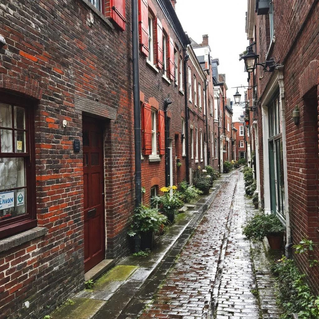 Show a narrow brick alley with wet cobblestones.
