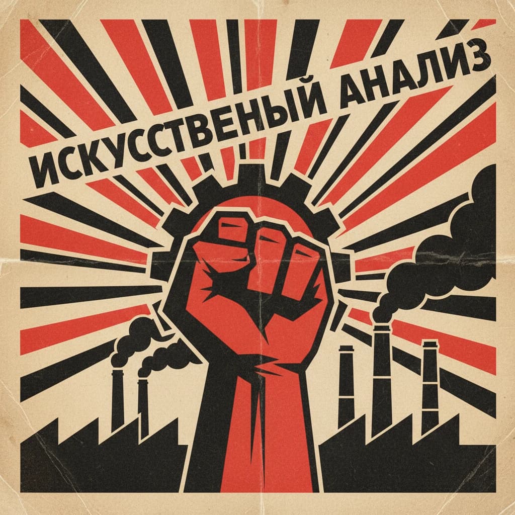 A propaganda poster in stark red, black, and beige. A clenched fist rises in the foreground, rendered with sharp geometric blocks. Behind it, radiating lines stretch upward toward a stylized sun. At the top, bold sans-serif lettering in Cyrillic-inspired type spells out Artificial Analysis, tilted at an angle for emphasis. A factory skyline silhouettes the bottom edge, smoke stacks rising into the background. The texture is rough, printed on aged paper with visible creases and ink bleed. Designed in the constructivist Soviet poster style.