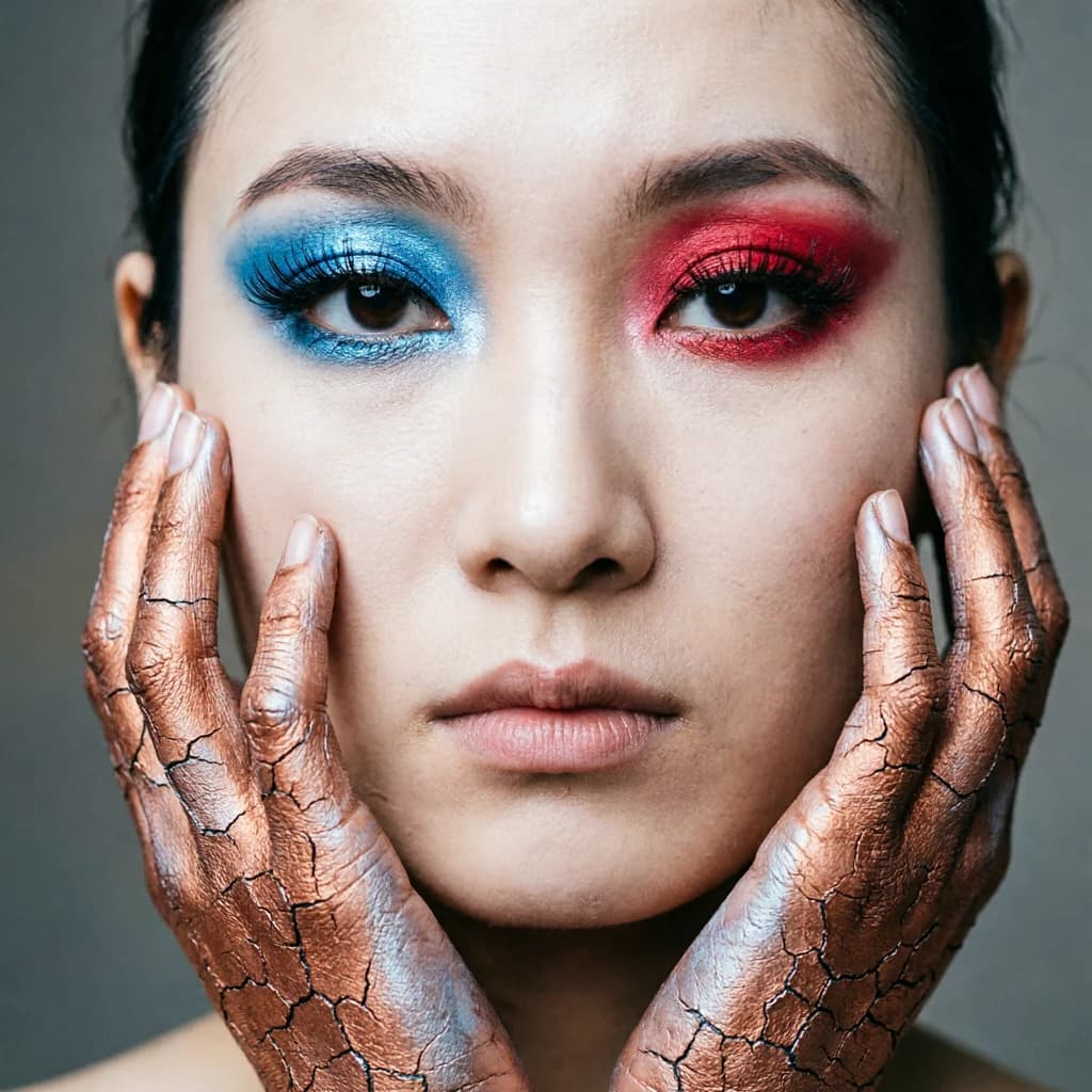 A striking close-up portrait of a woman with cracked metallic copper-painted hands framing her face. Her vivid blue and red eye makeup contrasts sharply with the smooth, pale skin and muted background, creating a bold, surreal composition. She displays an air of uncertainty about her