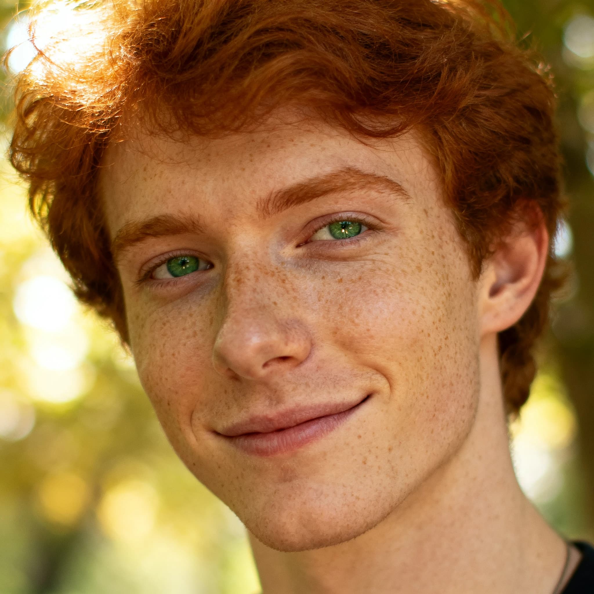 Shoot a natural light headshot of a red-haired man with freckles, green eyes.