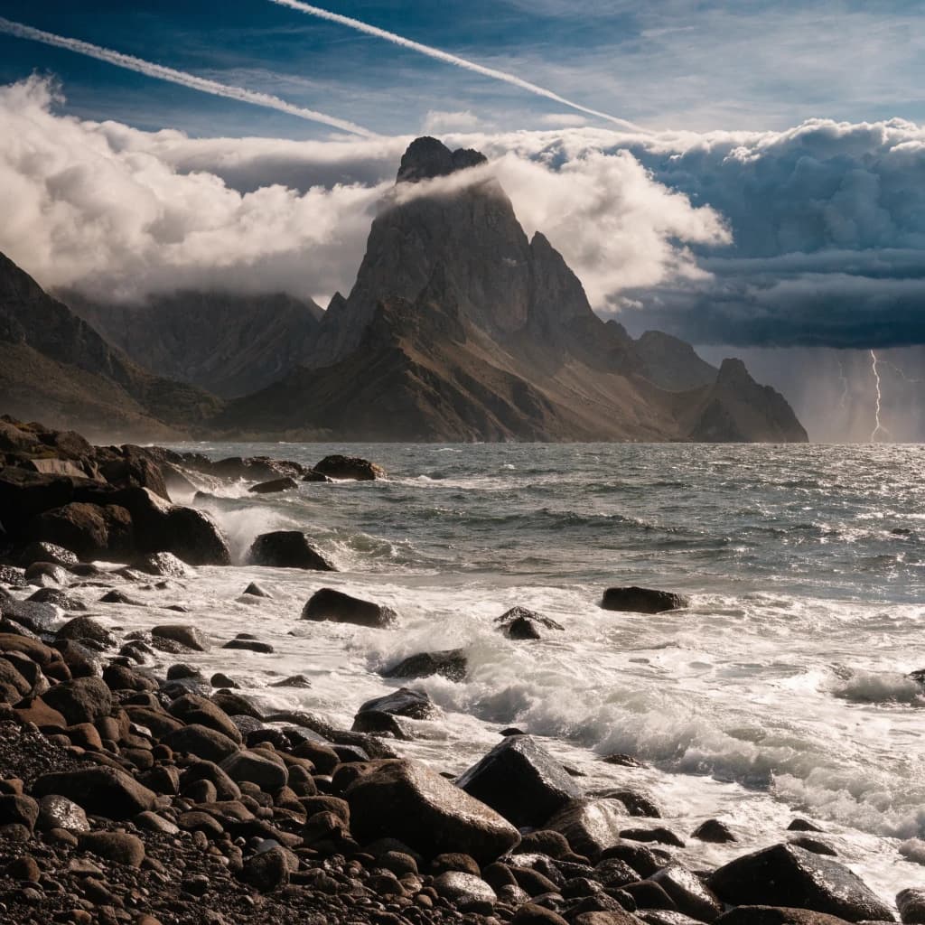 A stunning mountain vista pokes through the cloud top. Contrails from a distant airplane linger in the air. In the foreground there is a stony beach with foamy seas. A thunder storm is visibile in the distant right.