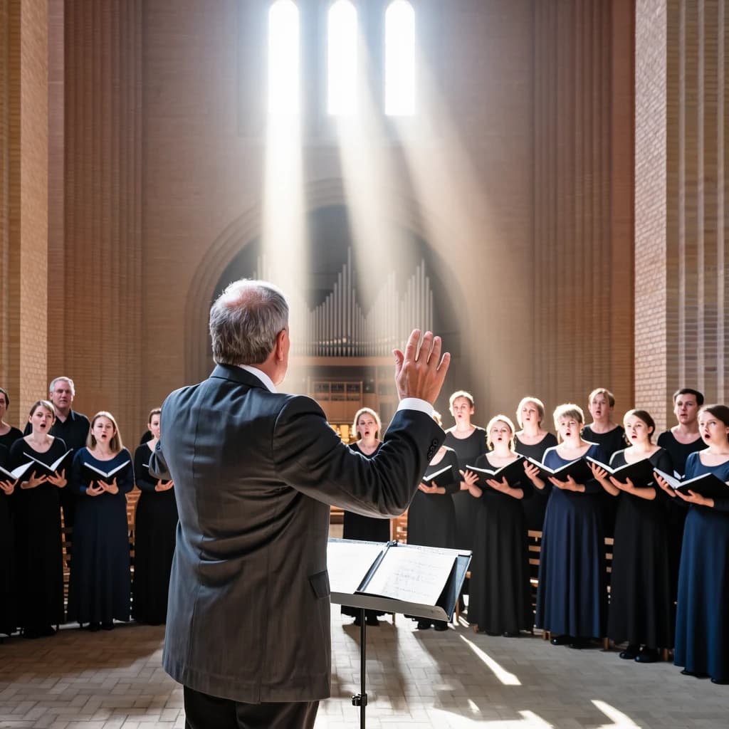A choir rehearses in a brick hall as somewhat dramatic morning light falls through high windows, with a patient conductor mid-gesture, open scores, intent faces, slight motion blur.