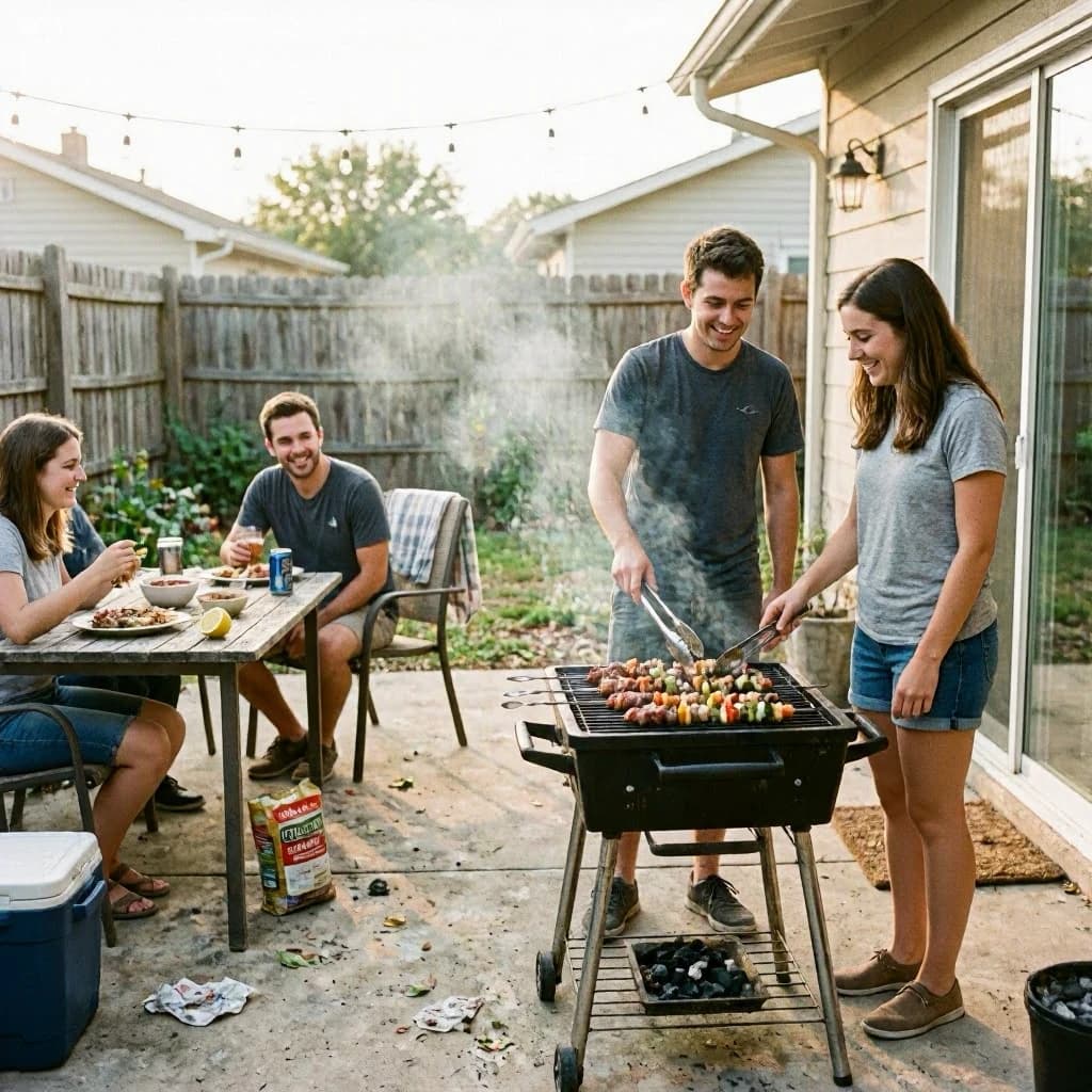 Friends grill skewers on a slightly messy patio.