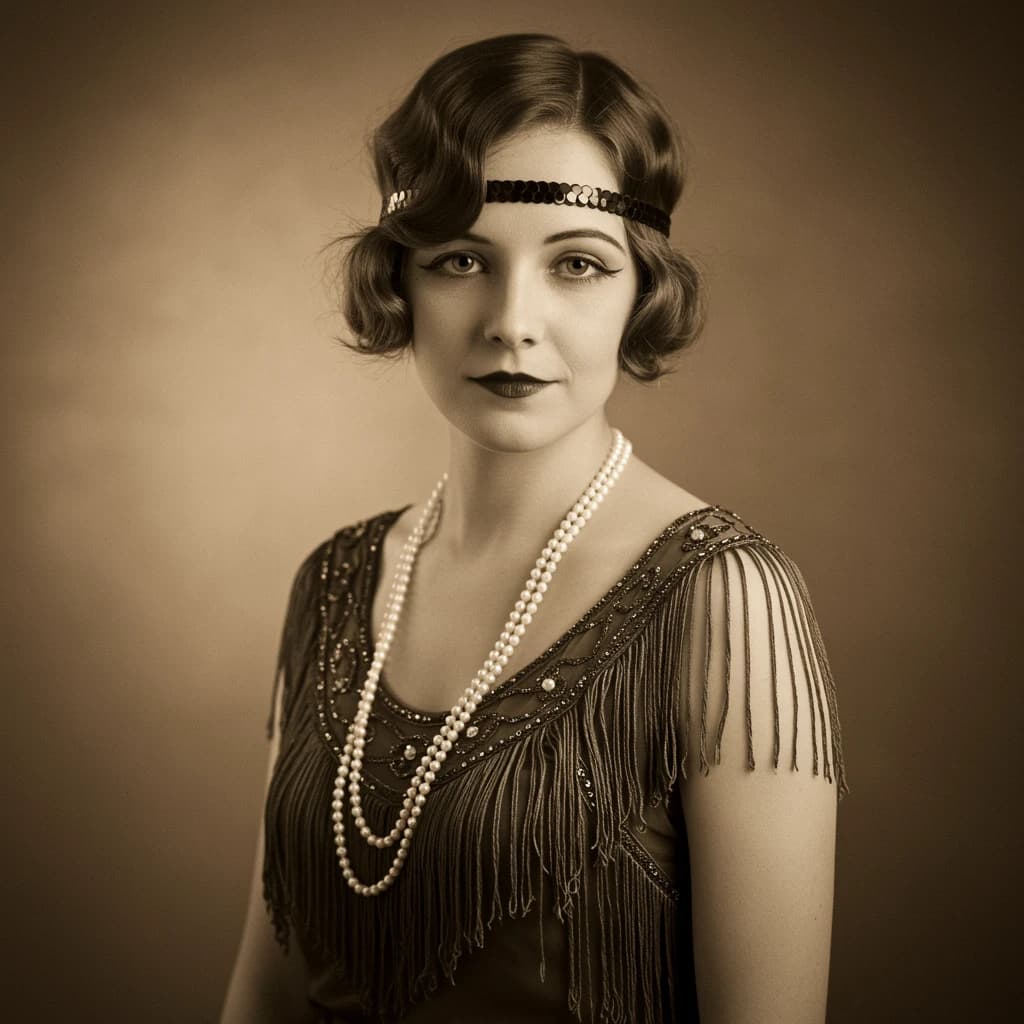 Sepia-toned studio portrait of a flapper with pearl necklace, soft grain.