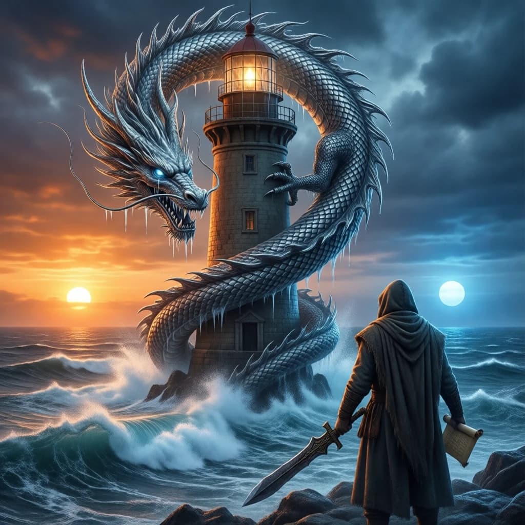 A dragon of molten silver coils around a lighthouse. The storming sea below crashes upward in frozen stillness, as though caught mid-motion. The dragon’s molten eyes drip tears of ice. On the horizon, two suns set next to each other, casting orange light on one side of the tower and blue on the other. A cloaked traveler carries an ancient weapon in his left hand and a scroll in his right.
