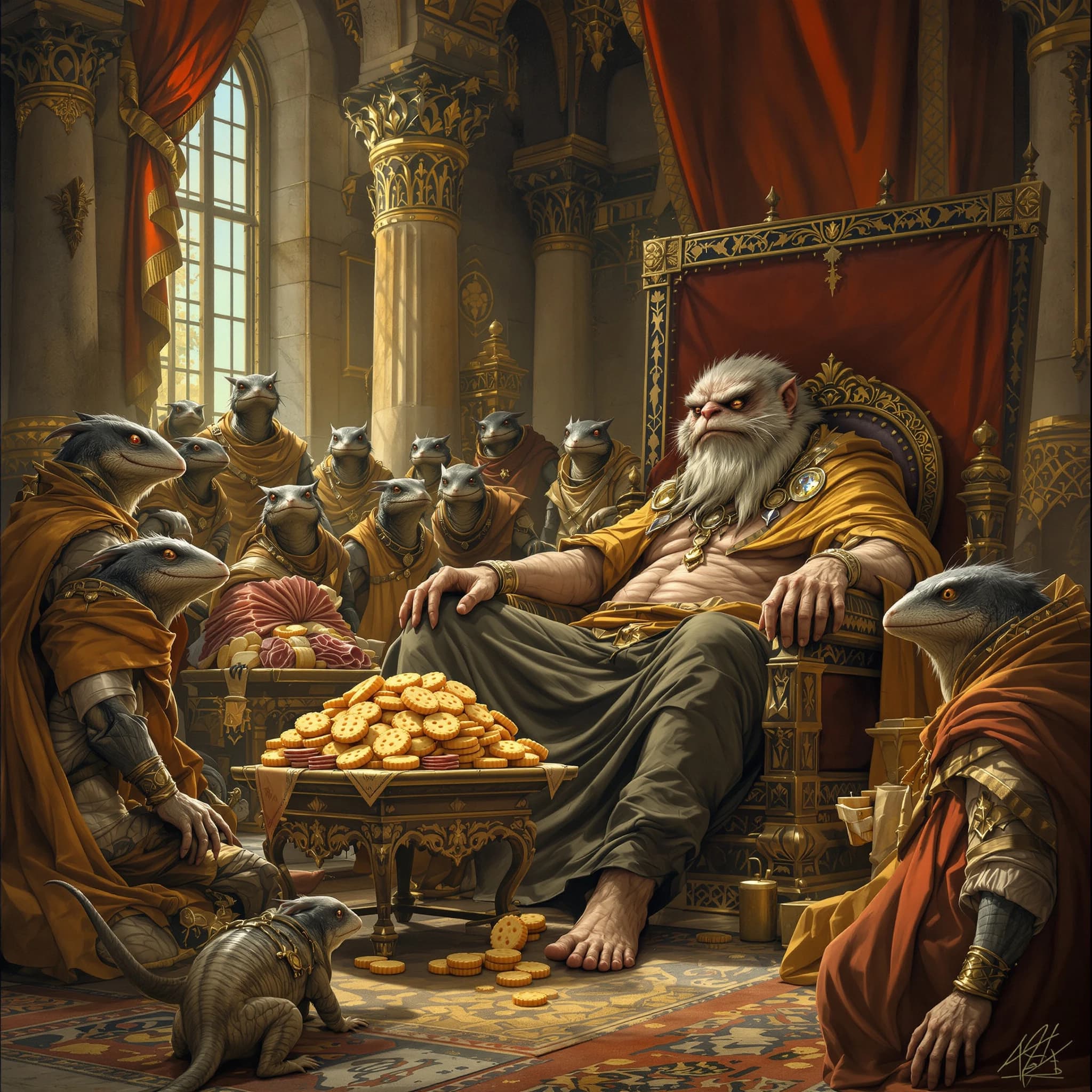 Big Weasel, the tyrannical ruler of the Levitus, slouches on his throne, his mood foul but somewhat brightened by the sight of gifts - a wearisome group of lizard traders adorned in fine silks proceed toward him through the hall with their annual tribute of biscuits, ham and gold - Big Weasel's favourites. Big Weasel's entourage looks on with stern approval.