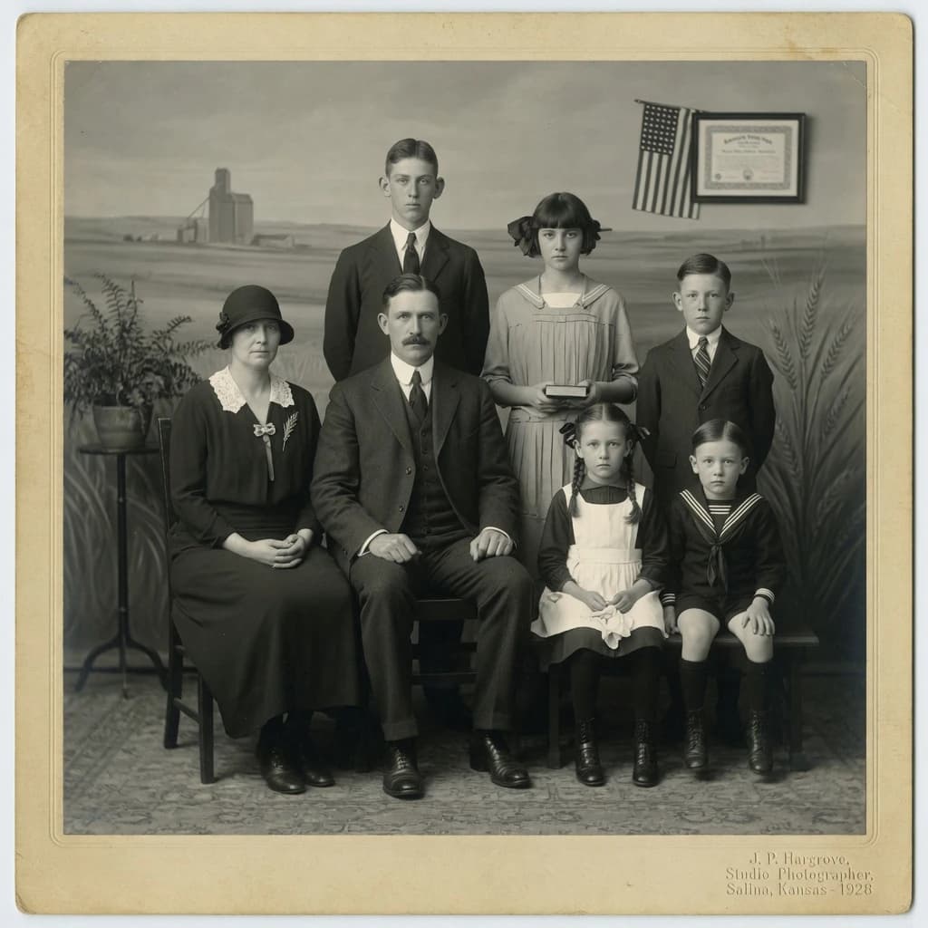 Everybody holds still and nobody smiles for the family portrait. It's 1928 in Kansas