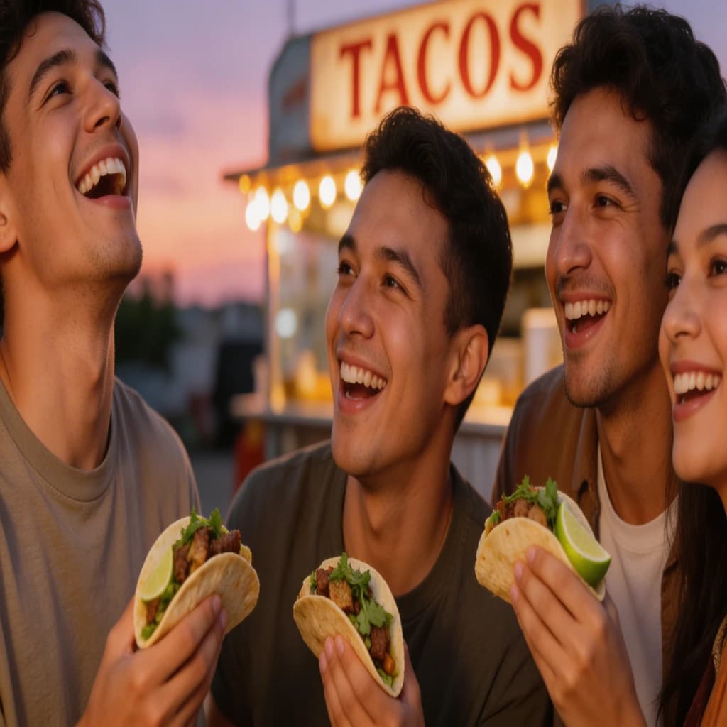 Friends laugh over street tacos at dusk, candid, shallow depth.