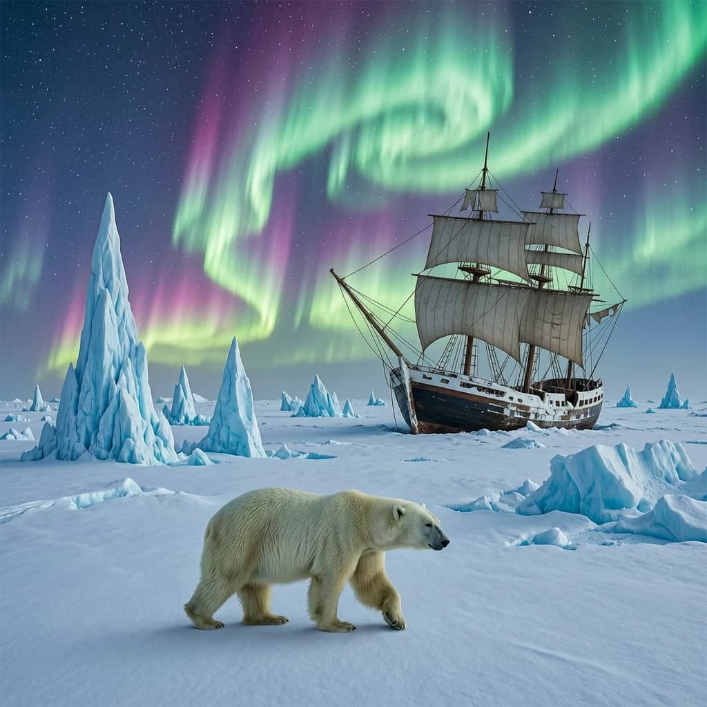 An endless tundra stretches outward, littered with jagged icebergs shaped like cathedral spires. A polar bear trudges across the foreground but leaves no tracks. Auroras ripple overhead. A half-buried shipwreck juts from the snow — sails billowing despite the still air.