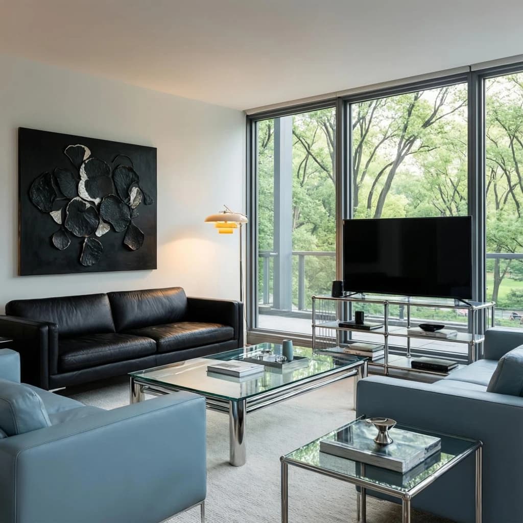 My apartment overlooks Central Park. It’s very luxurious, very expensive, and the furniture is minimal — a black leather couch, a glass coffee table with chrome legs, an Arne Jacobsen floor lamp. A big-screen television set rests on a steel shelving unit. A David Onica painting hangs above the couch. There’s a stainless steel and glass cocktail table. A powder-blue sofa. A thirty-inch digital TV.