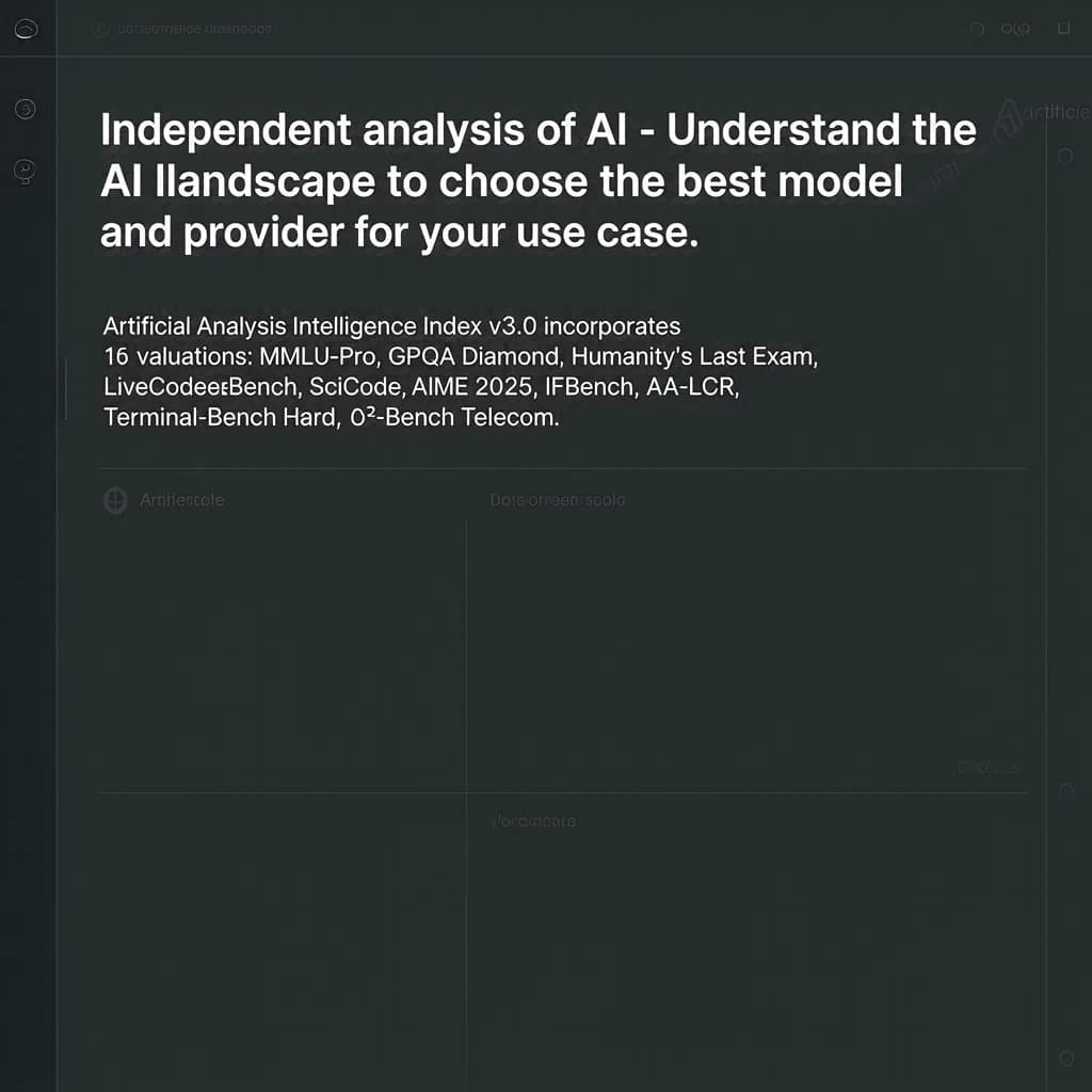 On a white dashboard with thin gray dividers, place a centered header in Helvetica Neue Bold, 20pt: “Independent analysis of AI - Understand the AI landscape to choose the best model and provider for your use case.” Directly beneath, a subheader in smaller Regular weight, 14pt: “Artificial Analysis Intelligence Index v3.0 incorporates 10 evaluations: MMLU-Pro, GPQA Diamond, Humanity's Last Exam, LiveCodeBench, SciCode, AIME 2025, IFBench, AA-LCR, Terminal-Bench Hard, 𝜏²-Bench Telecom.” The header is fully justified but the subheader is left-aligned. In the upper right corner, the Artificial Analysis logo appears watermarked, diagonal, faint gray, partially overlapping the scrollbar.